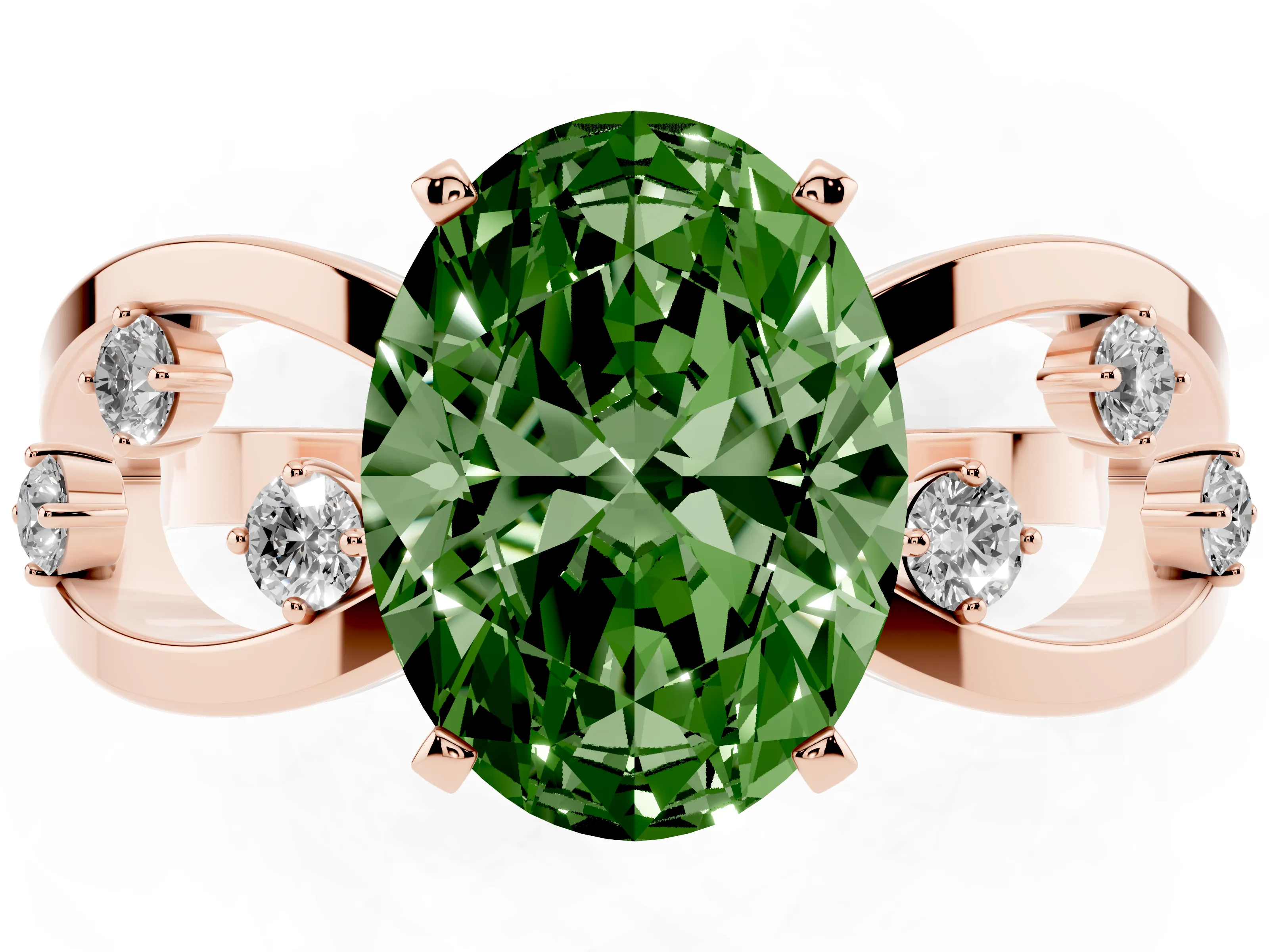 Fancy Green Oval Cut Diamond Solitaire Ring Set in Rose gold with Side Stones on Criss-Cross Band and Prong Setting