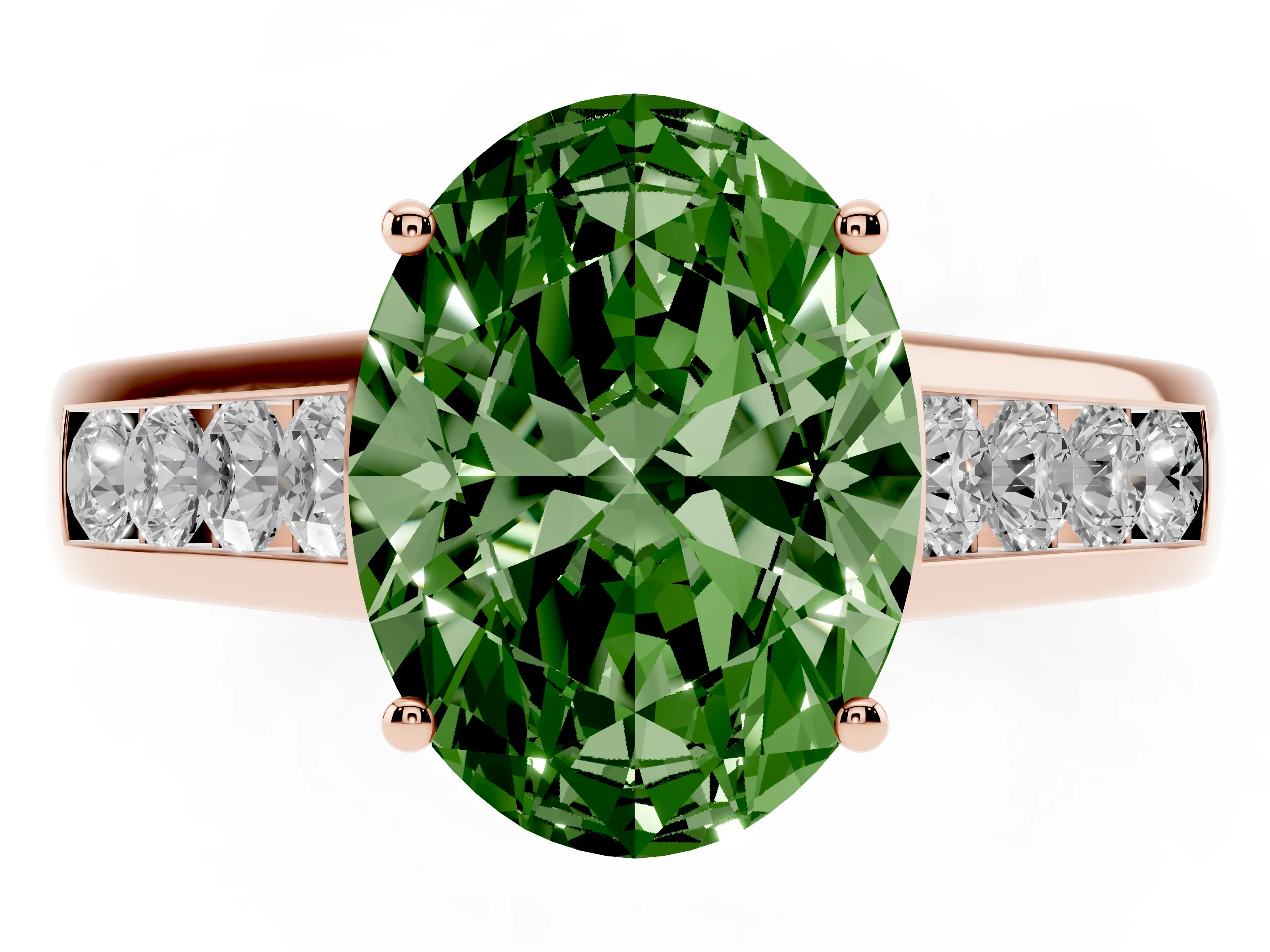 Fancy Green Oval Cut Diamond Solitaire Channel-Set Engagement Ring Set in Rose gold with Prong Setting