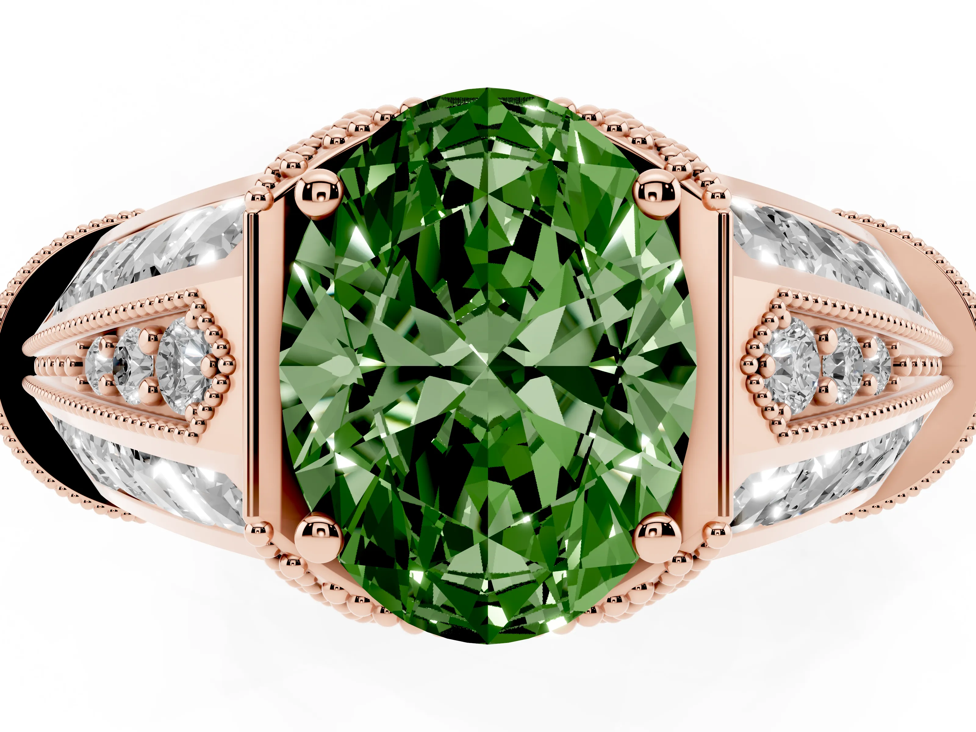 Fancy Green Oval Cut Diamond Vintage-Inspired Milgrain Ring Set in Rose gold with Accent Split Shank