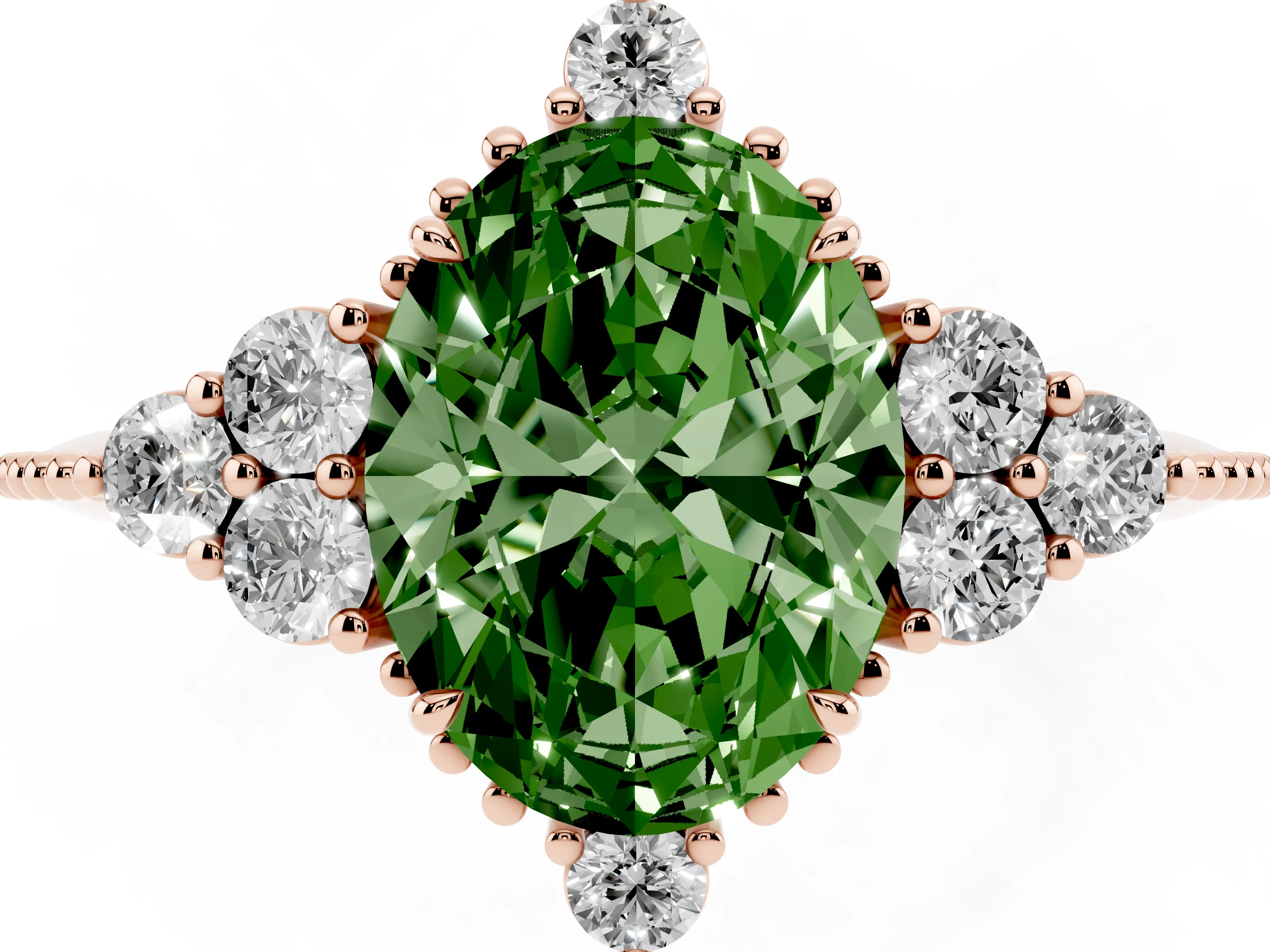 Fancy Green Oval Cut Diamond Cluster Ring Set in Rose gold with Beaded Band