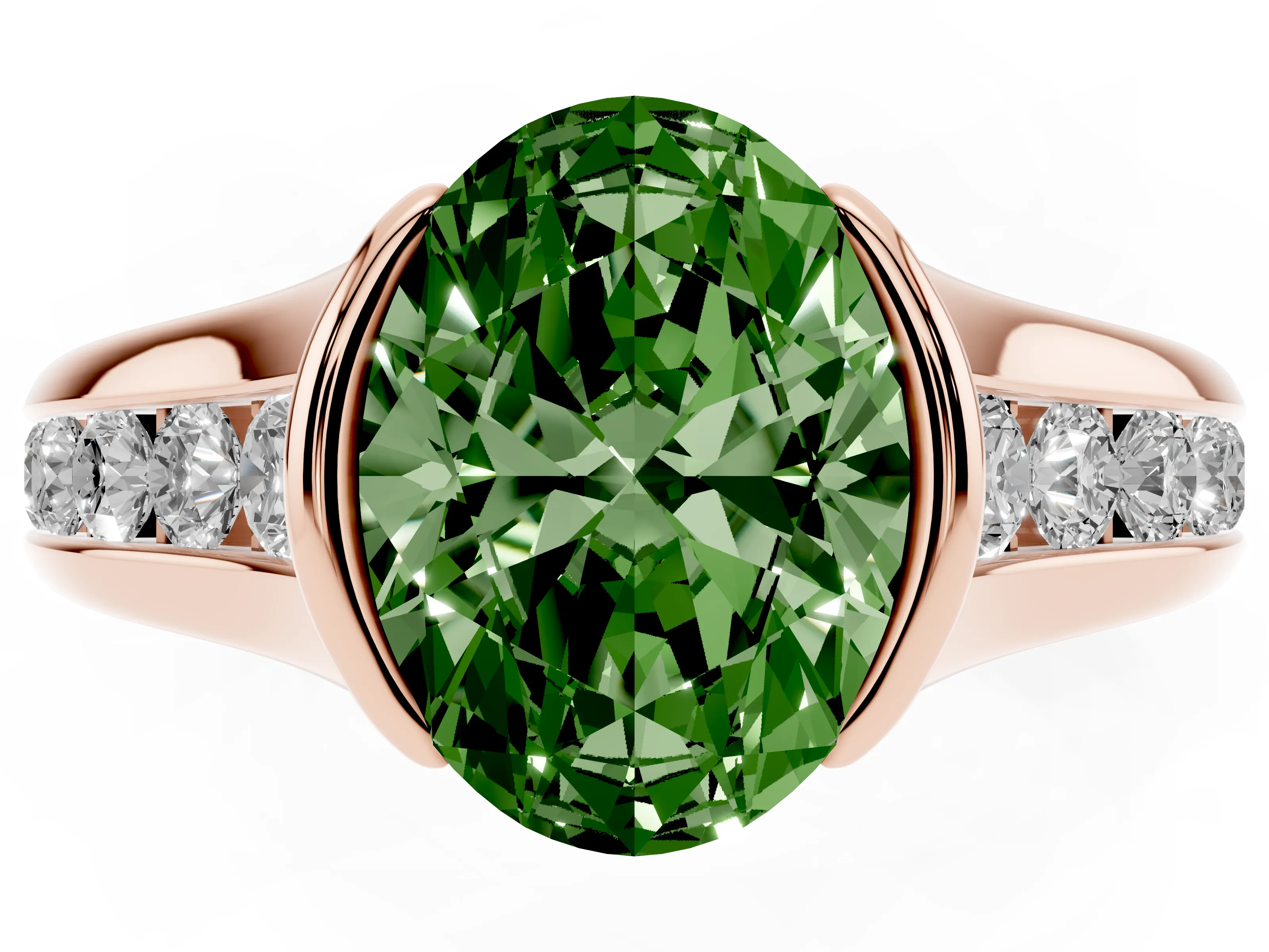 Fancy Green Oval Cut Diamond Bezel-Set Solitaire Ring Set in Rose gold with Channel-Set Band