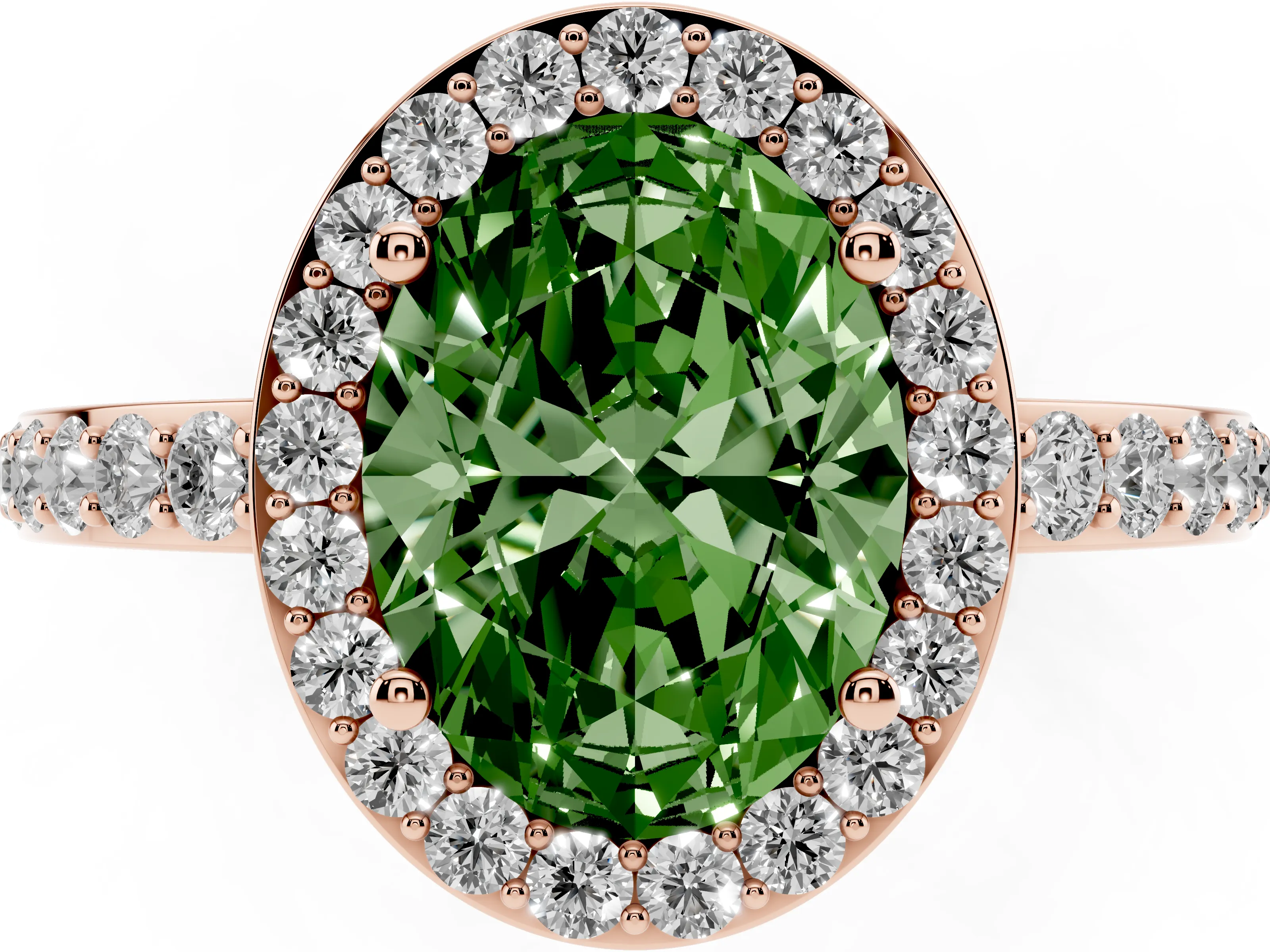 Fancy Green Oval Cut Diamond Halo Ring Set in Rose gold with Pavé-Setting Band and Open Prong Center