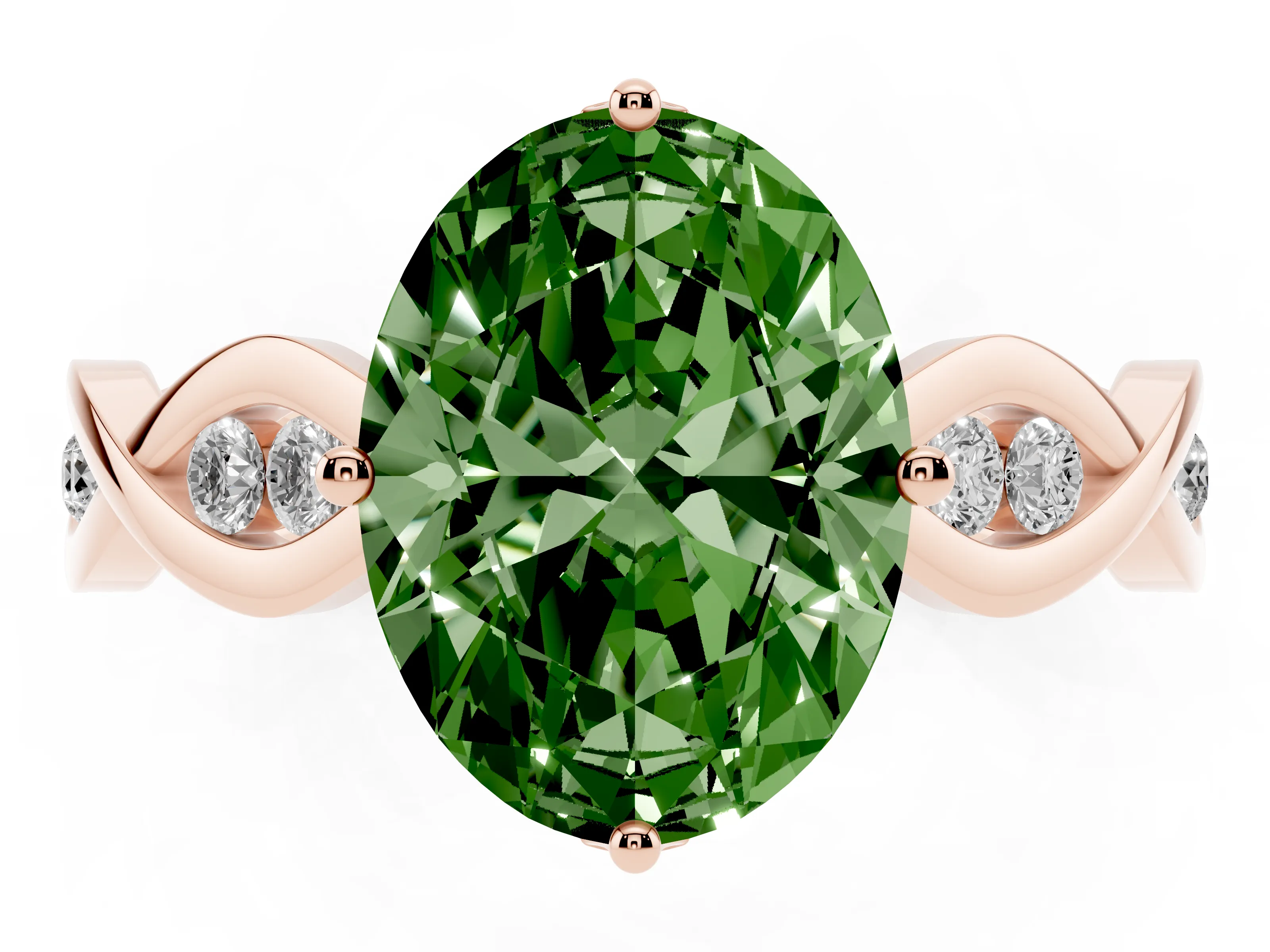 Fancy Green Oval Cut Diamond Twist Band Solitaire Ring Set in Rose gold with Leaf Prong Setting and Accent Stones