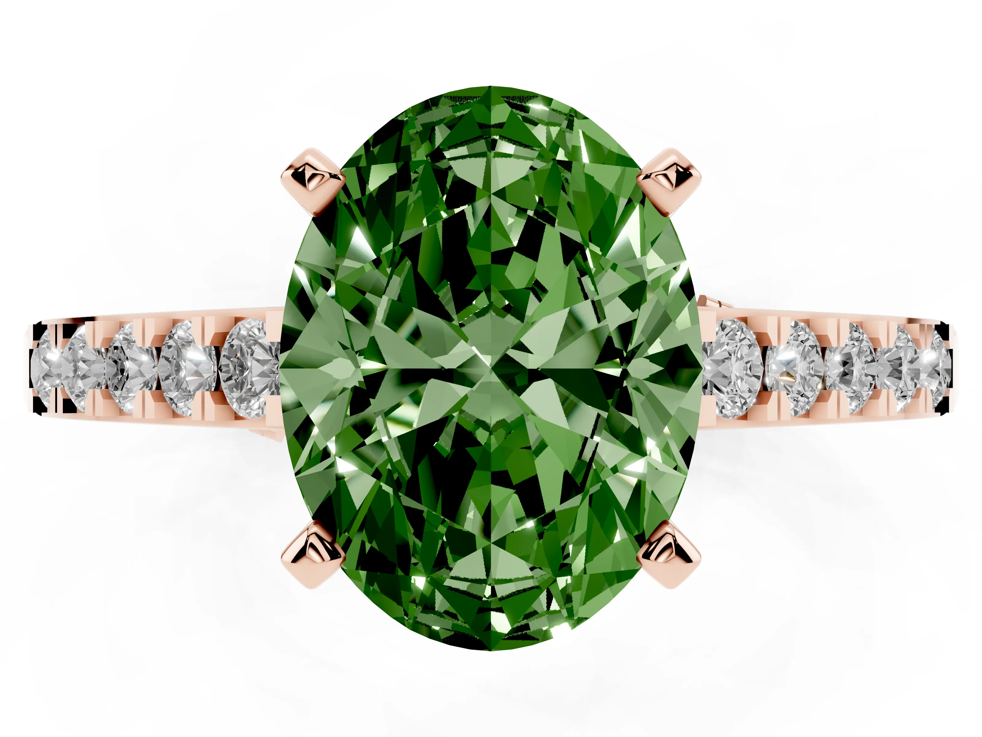 Fancy Green Oval Cut Diamond Solitaire Ring Set in Rose gold with Crossover Gallery and Round Pavé Band