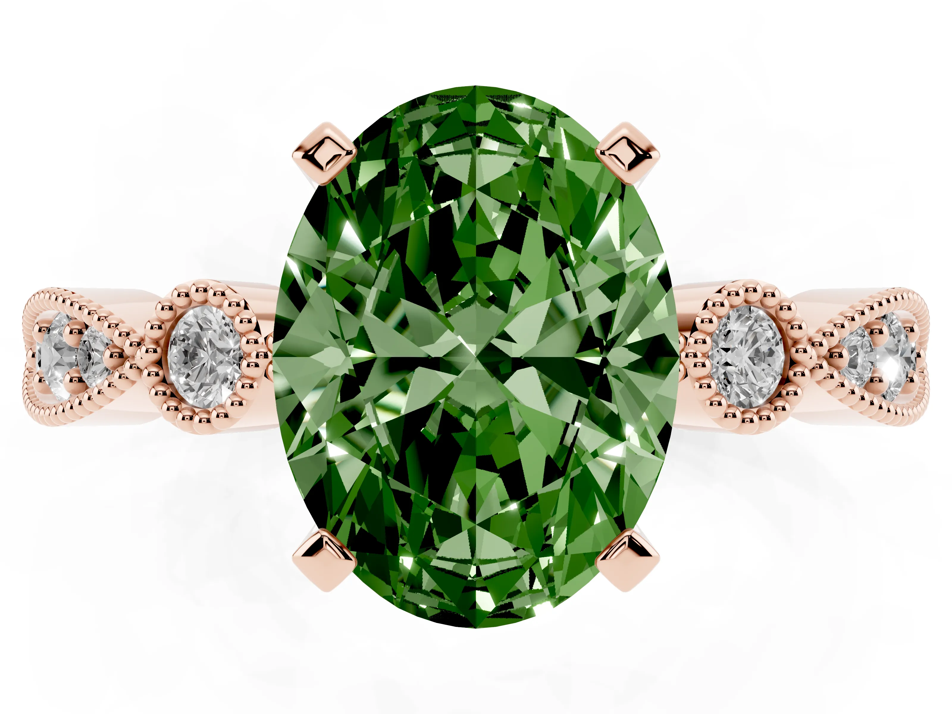 Fancy Green Oval Cut Diamond Solitaire Engagement Ring Set in Rose gold with Milgrain Bezel Accent Band