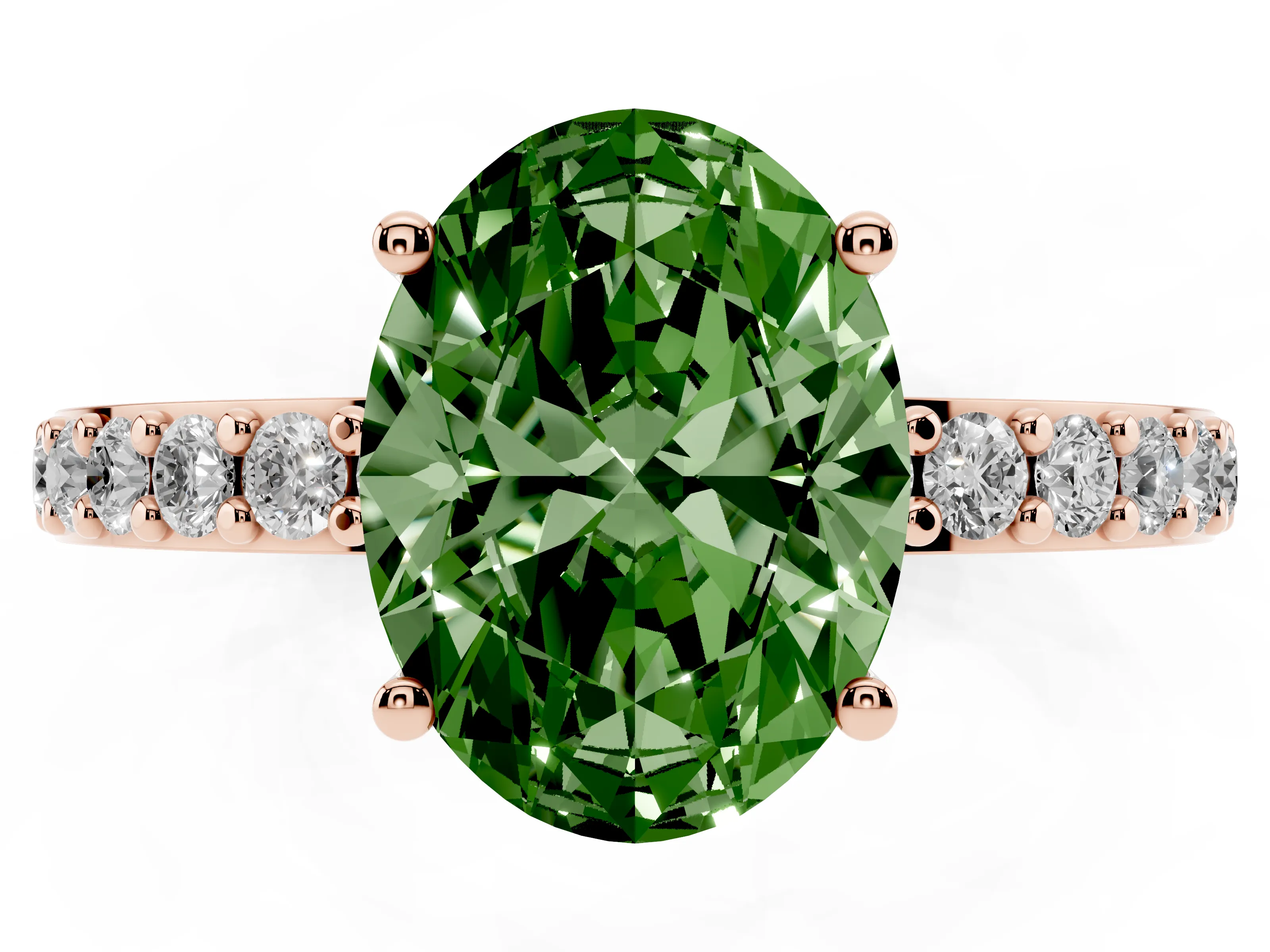Fancy Green Oval Cut Diamond Solitaire Set in Rose gold with Round Pavé Band and Prong Setting