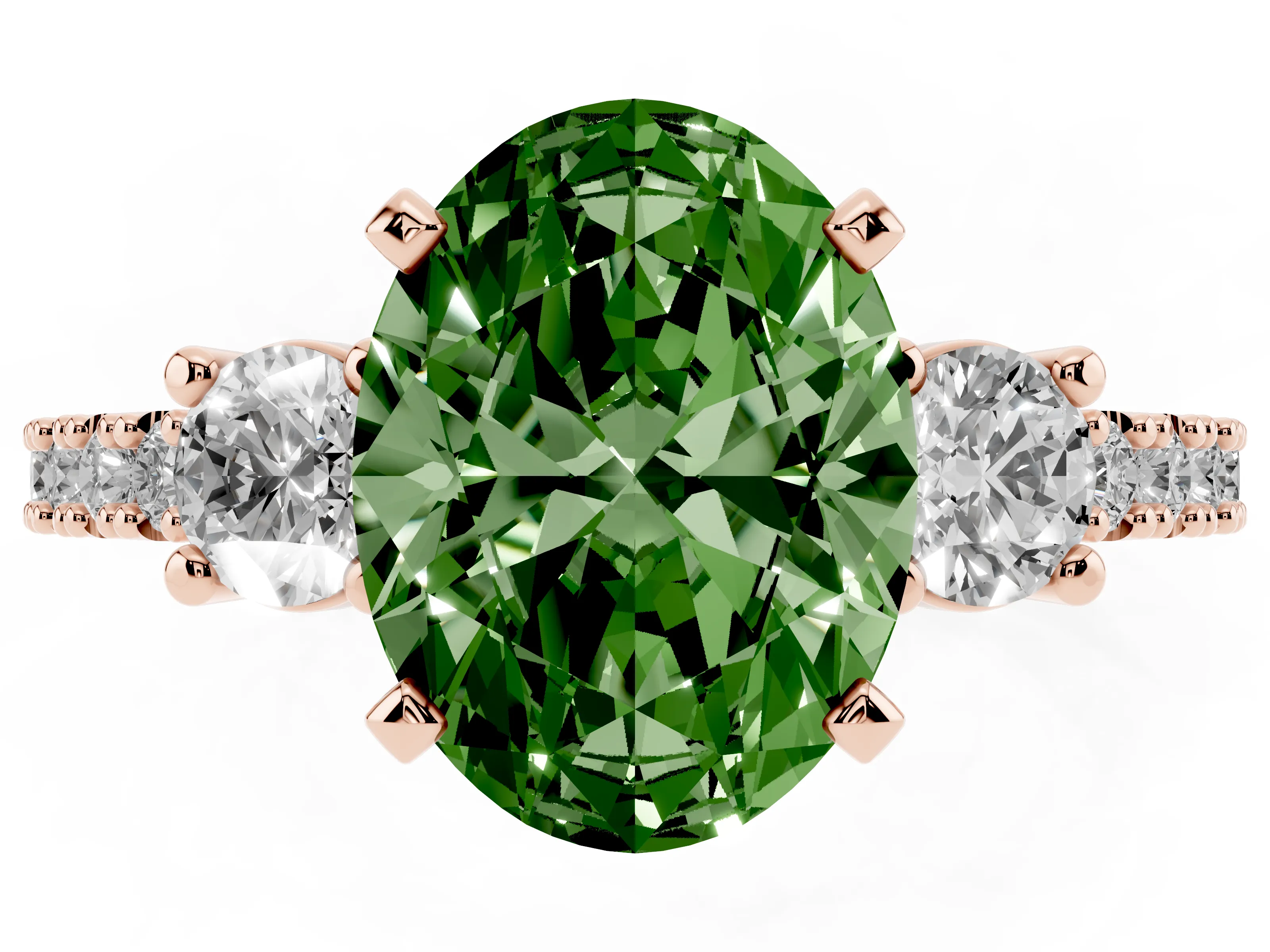 Fancy Green Three-Stone Oval Cut Diamond Pavé Band Ring Set in Rose gold with Prong Setting