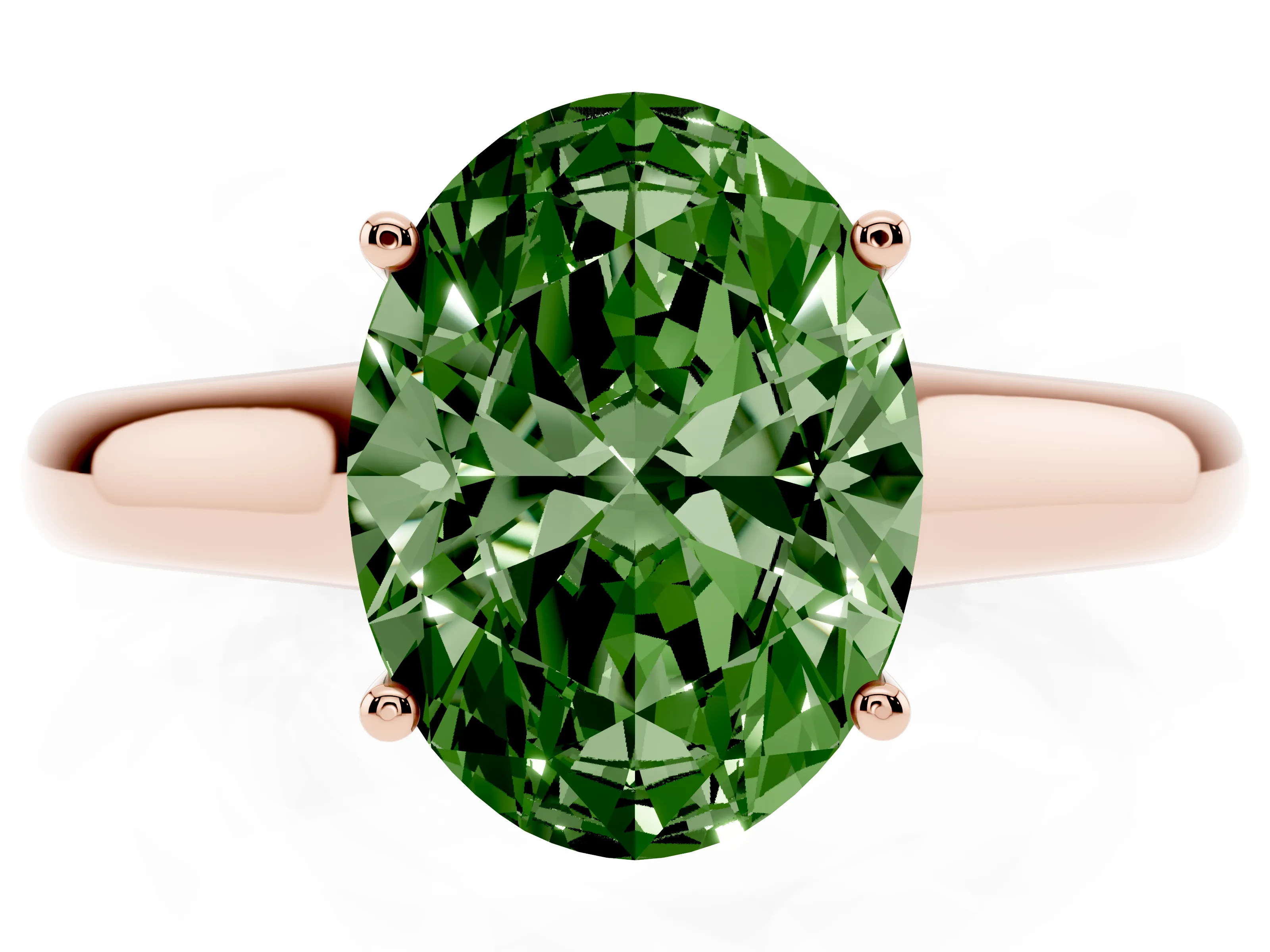 Fancy Green Oval Cut Diamond Solitaire Engagement Ring Set in Rose gold with Subtly Tapered Band and Prong Setting