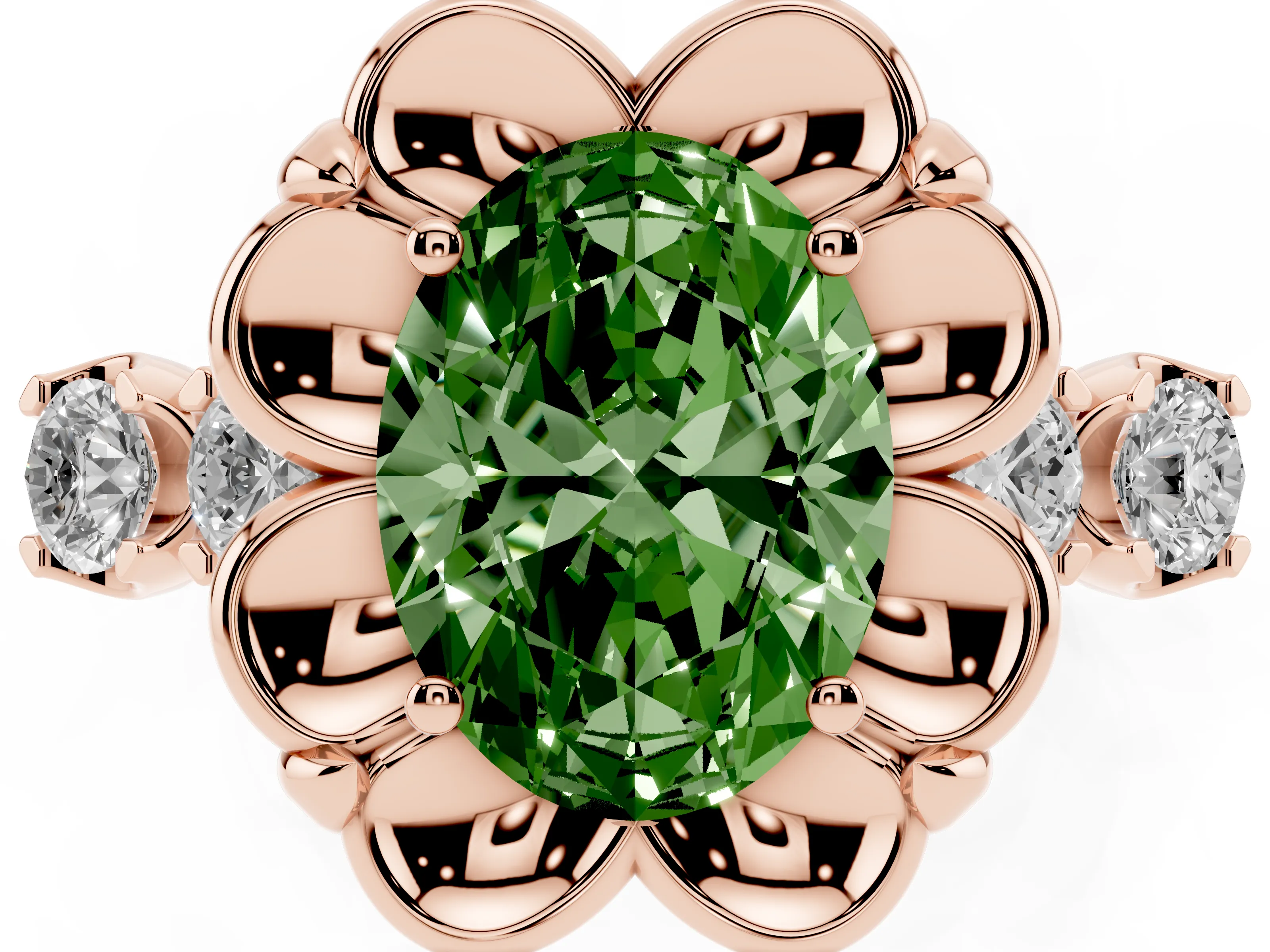 Fancy Green Oval Cut Diamond Floral Halo Ring Set in Rose gold with Shared Prong Band