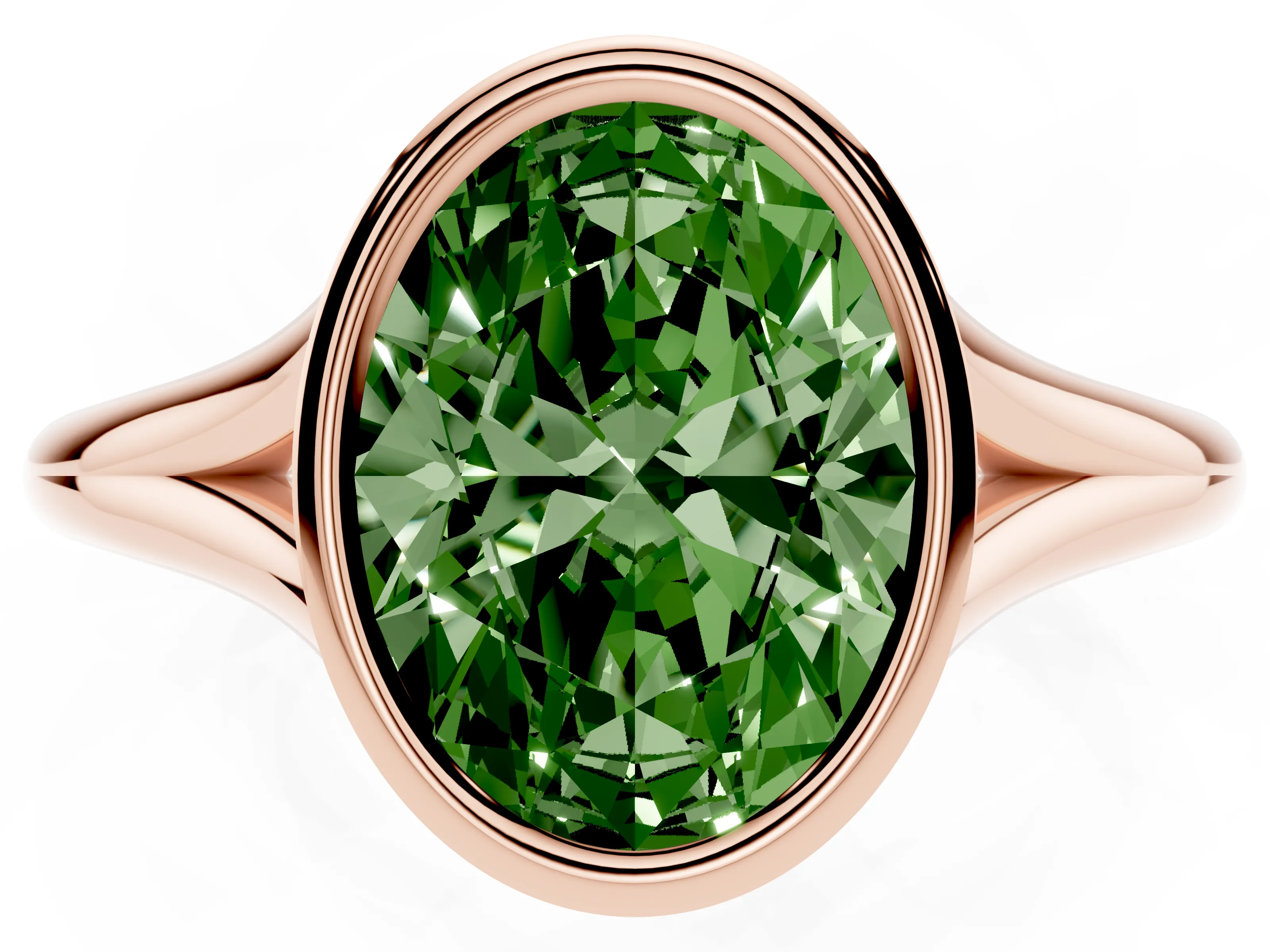 Fancy Green Bezel Set Oval Cut Diamond Solitaire Ring Set in Rose gold with Tapered Band