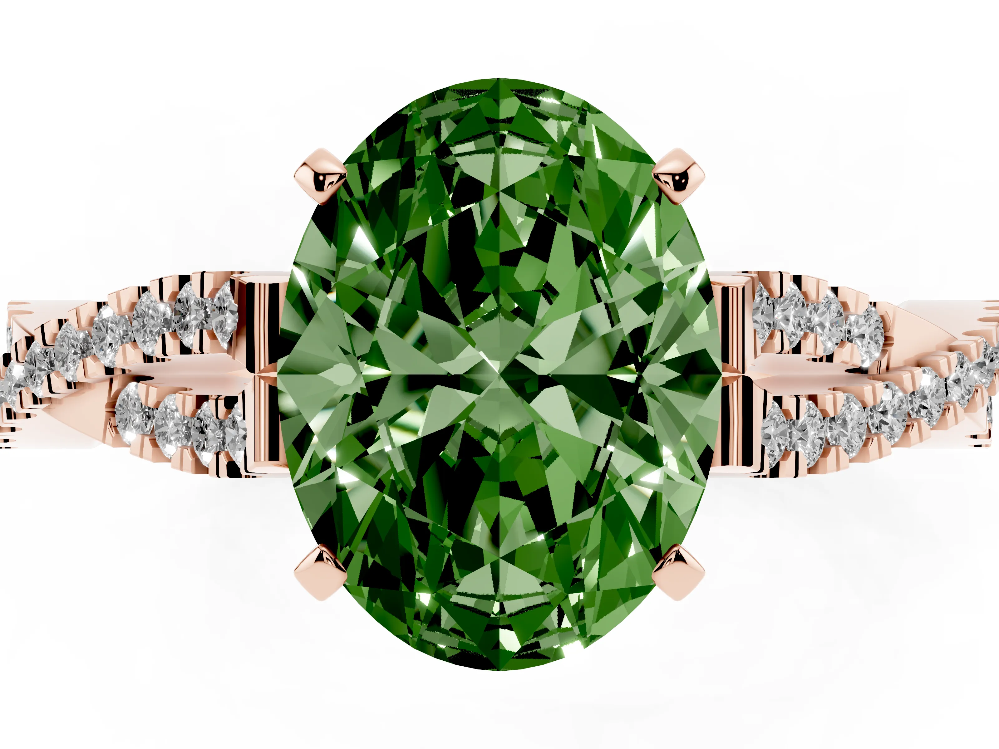 Fancy Green Oval Cut Diamond Solitaire Engagement Ring Set in Rose gold with Twisted Pavé Band and Prong Setting