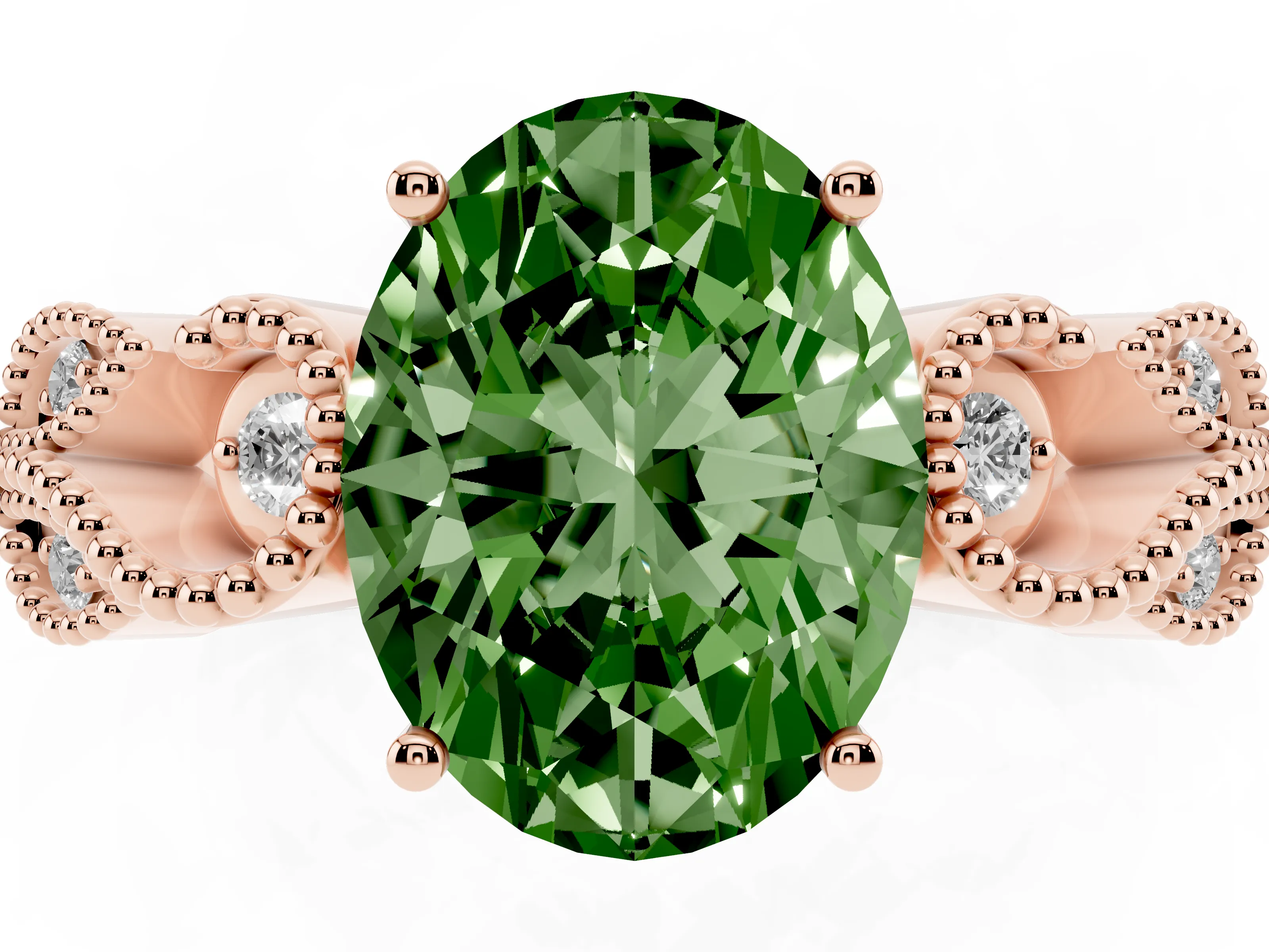 Fancy Green Oval Cut Diamond Milgrain Leaf Band Solitaire Ring Set in Rose gold with Accent Stones and Prong Setting