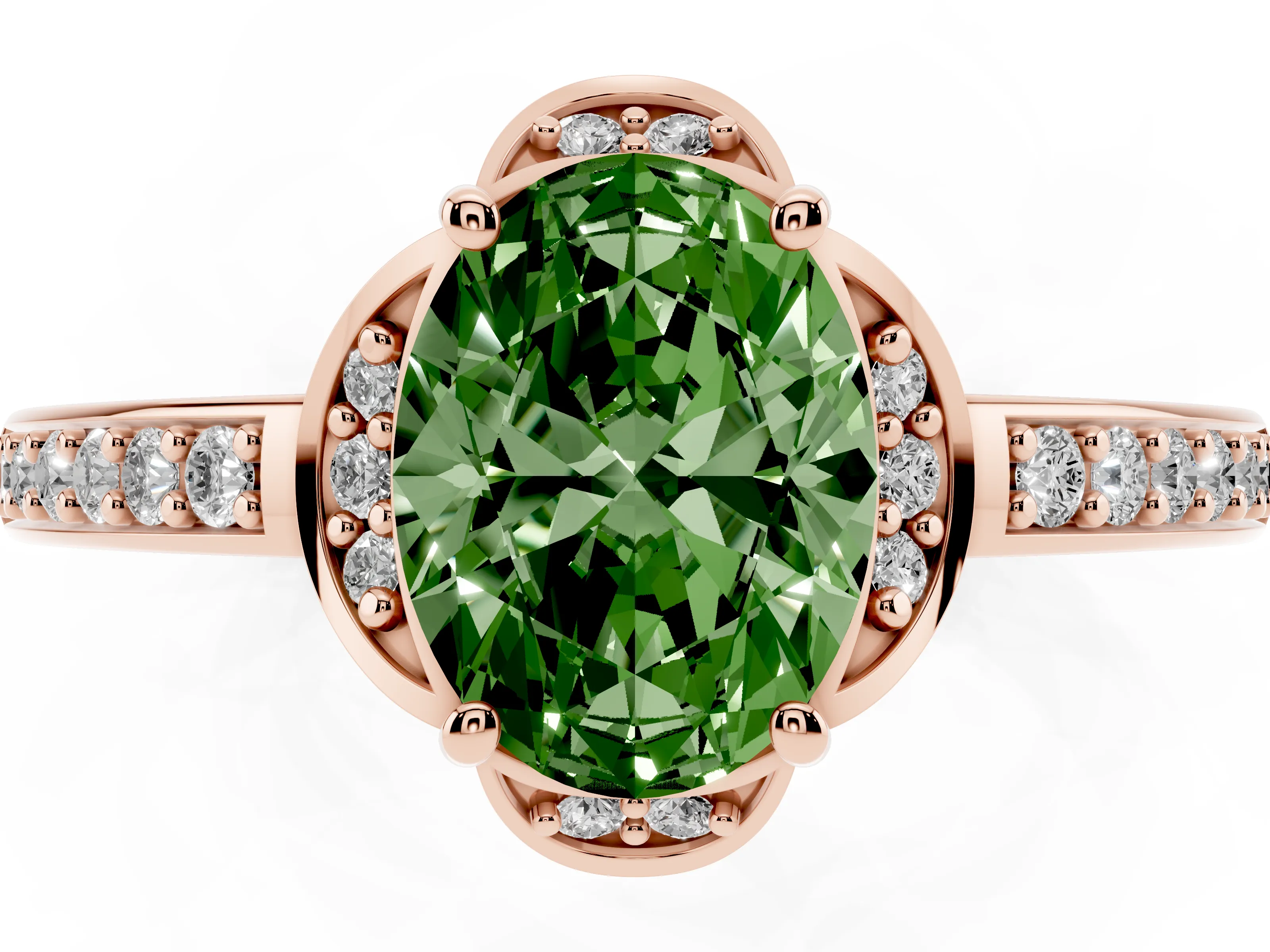 Fancy Green Oval Cut Diamond Halo Ring Set in Rose gold with Channel Set Band and Prong Setting