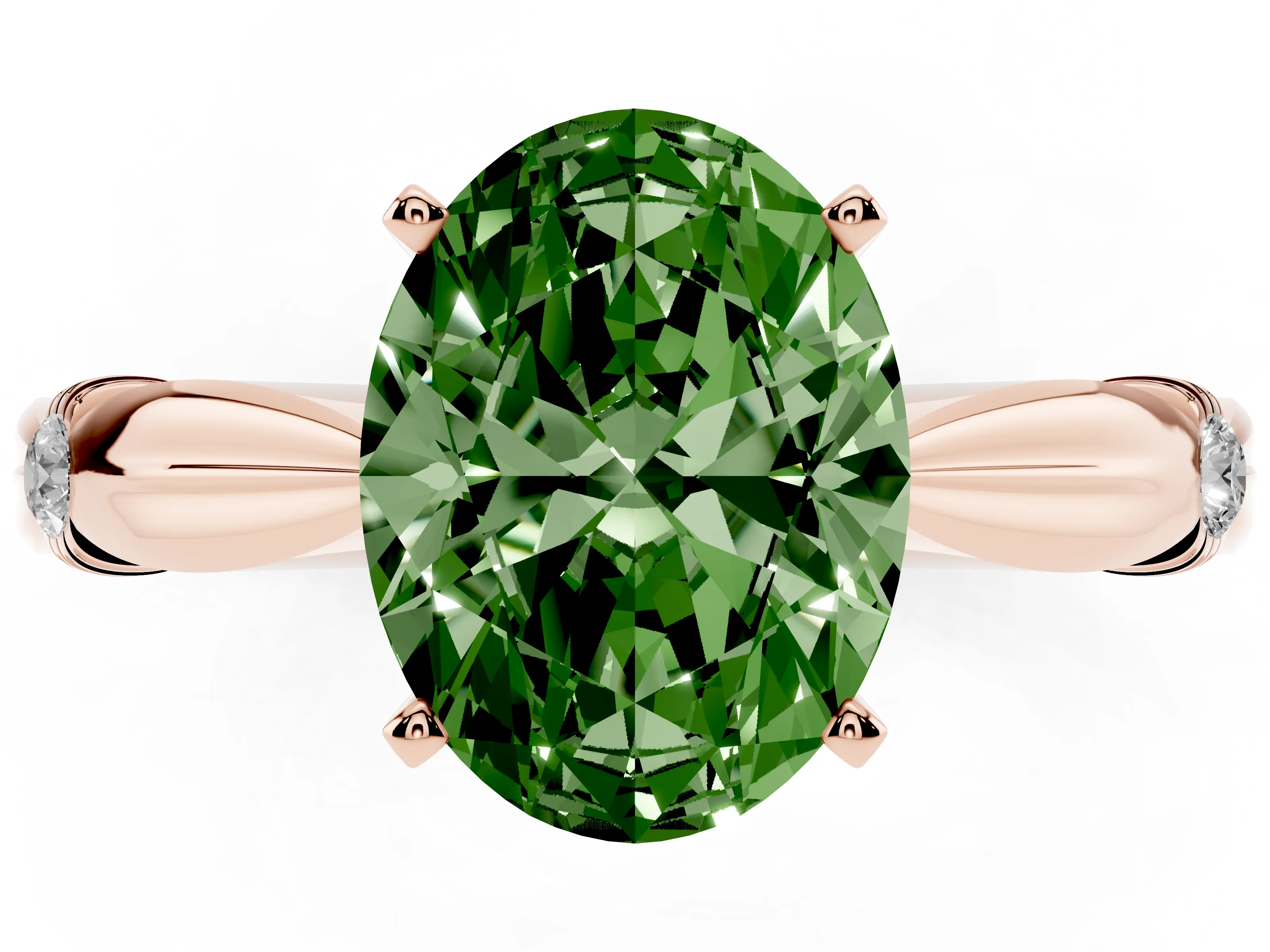 Fancy Green Oval Cut Diamond Solitaire Twisted Band Ring Set in Rose gold with Accent Stones and Prong Setting