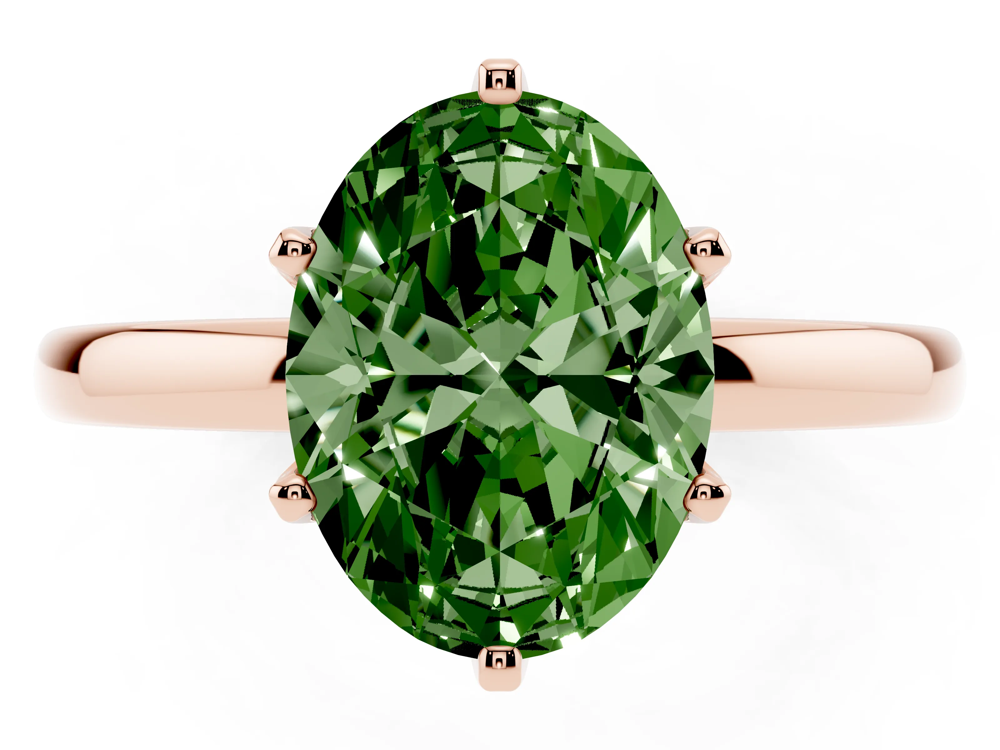Fancy Green Oval Cut Diamond Solitaire Ring Set in Rose gold with Raised Prong Setting on a Classic Band
