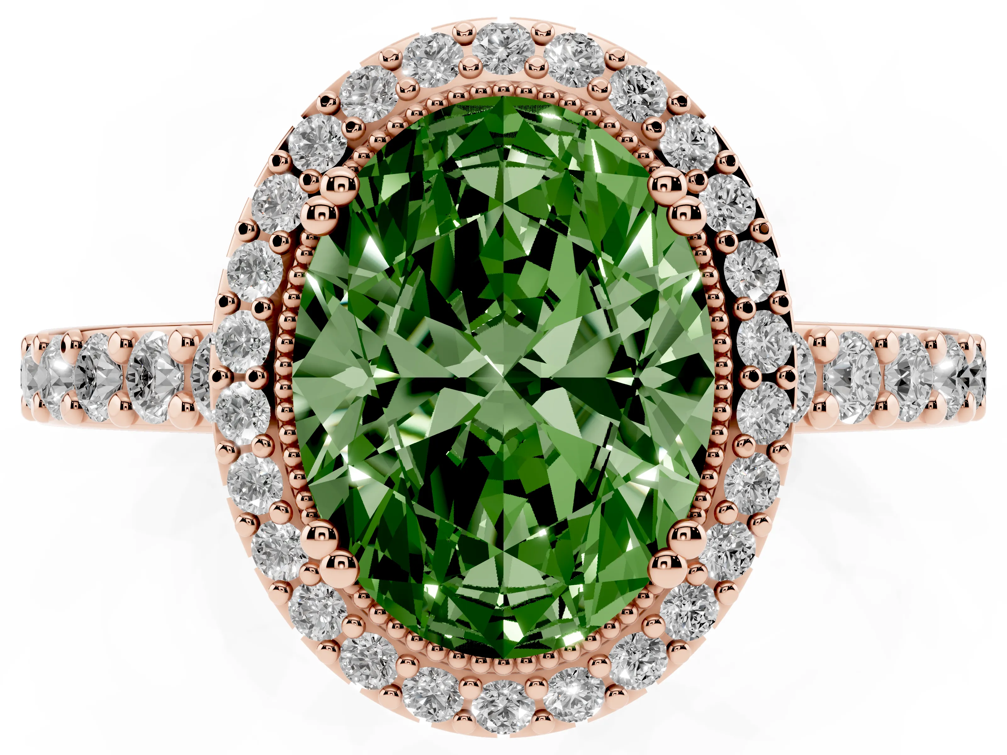 Fancy Green Oval Cut Diamond Halo Engagement Ring Set in Rose gold with Milgrain Detail and Pavé Band