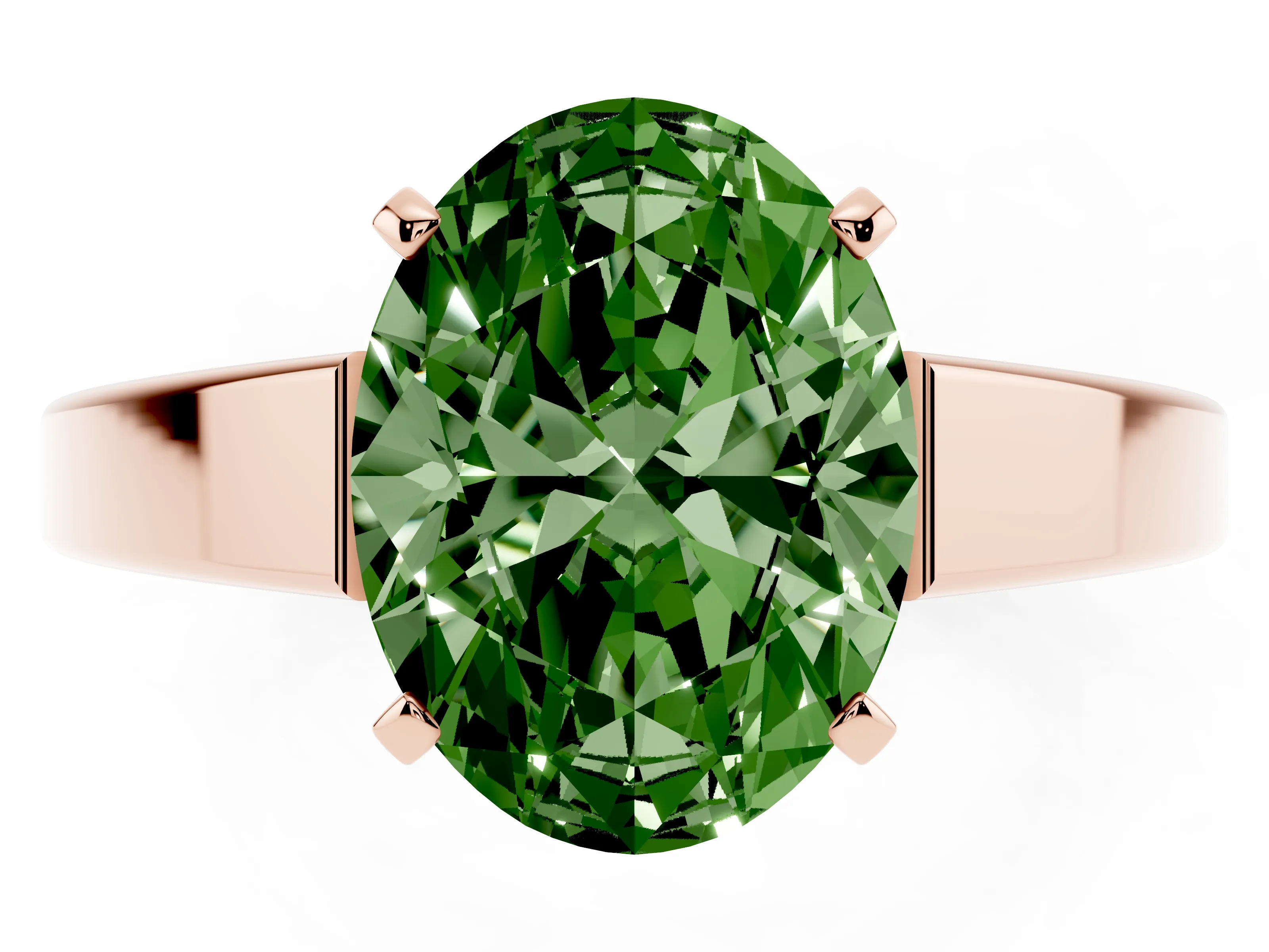 Fancy Green Oval Cut Diamond Solitaire Engagement Ring Set in Rose gold with Prong Setting and Tapered Band