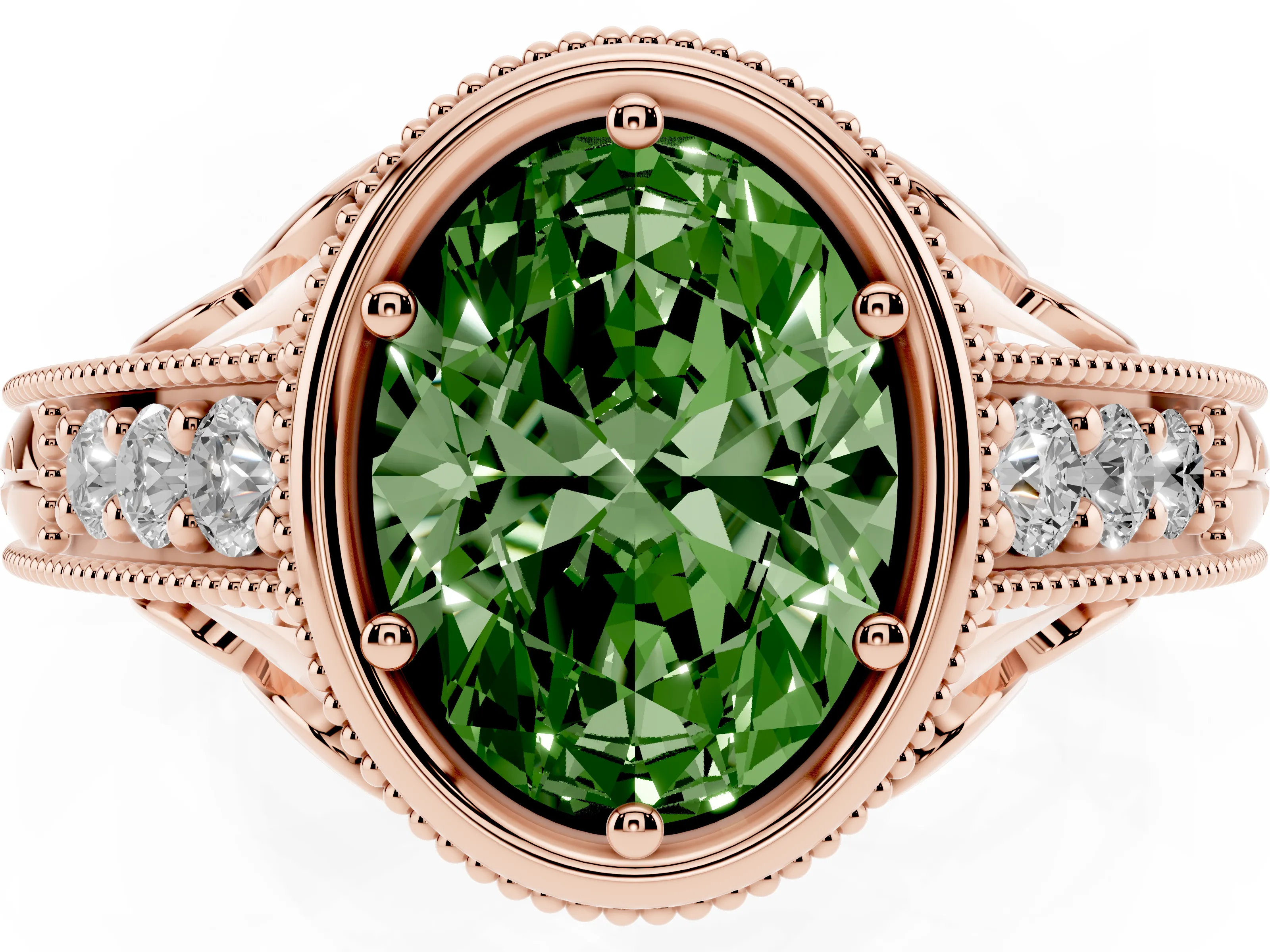 Fancy Green Bezel Set Oval Cut Diamond Milgrain Pavé Engagement Ring Set in Rose gold