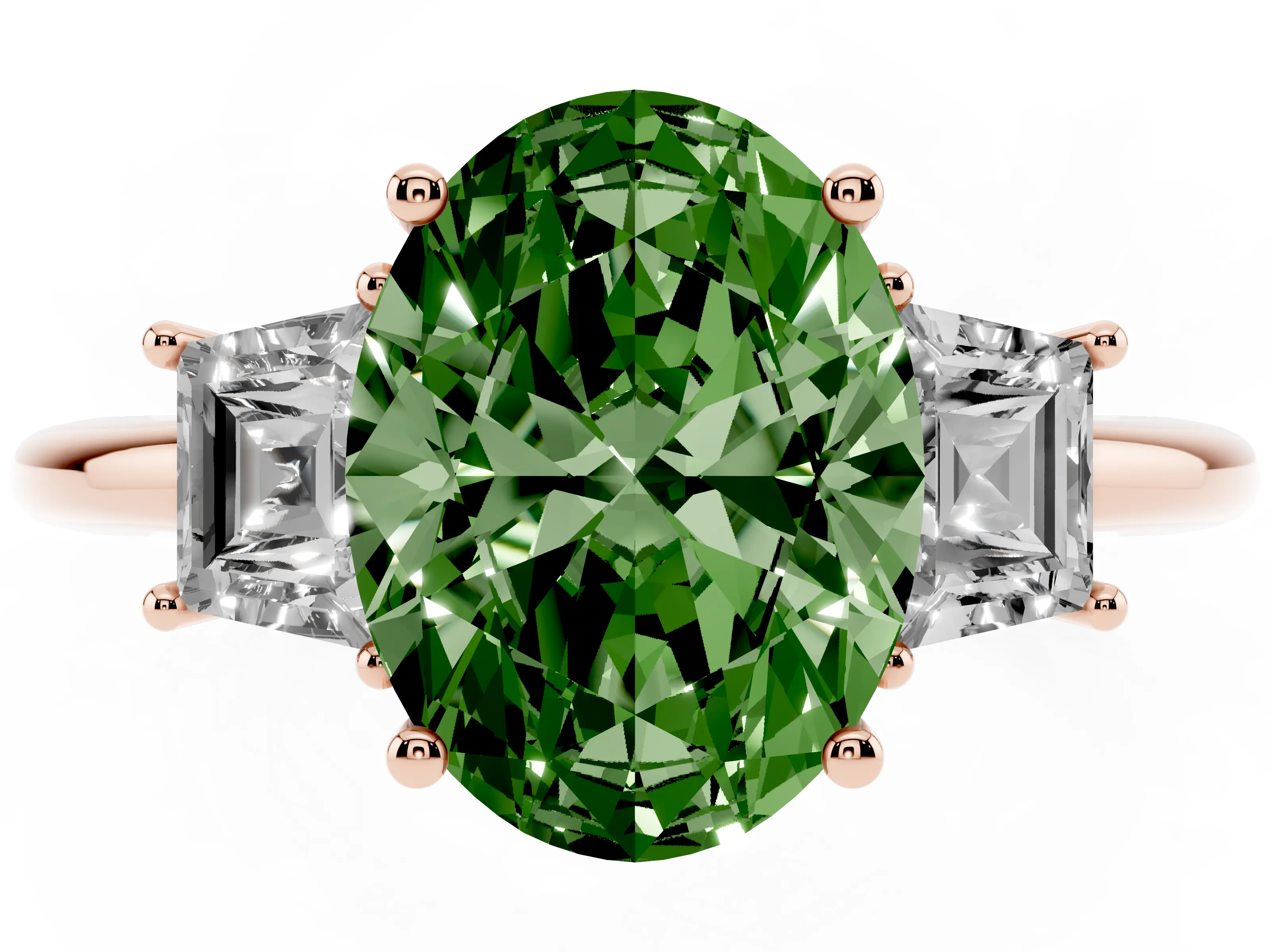 Fancy Green Oval Cut Diamond Three-Stone Ring Set in Rose gold with Trapezoid Side Stones and Prong Setting