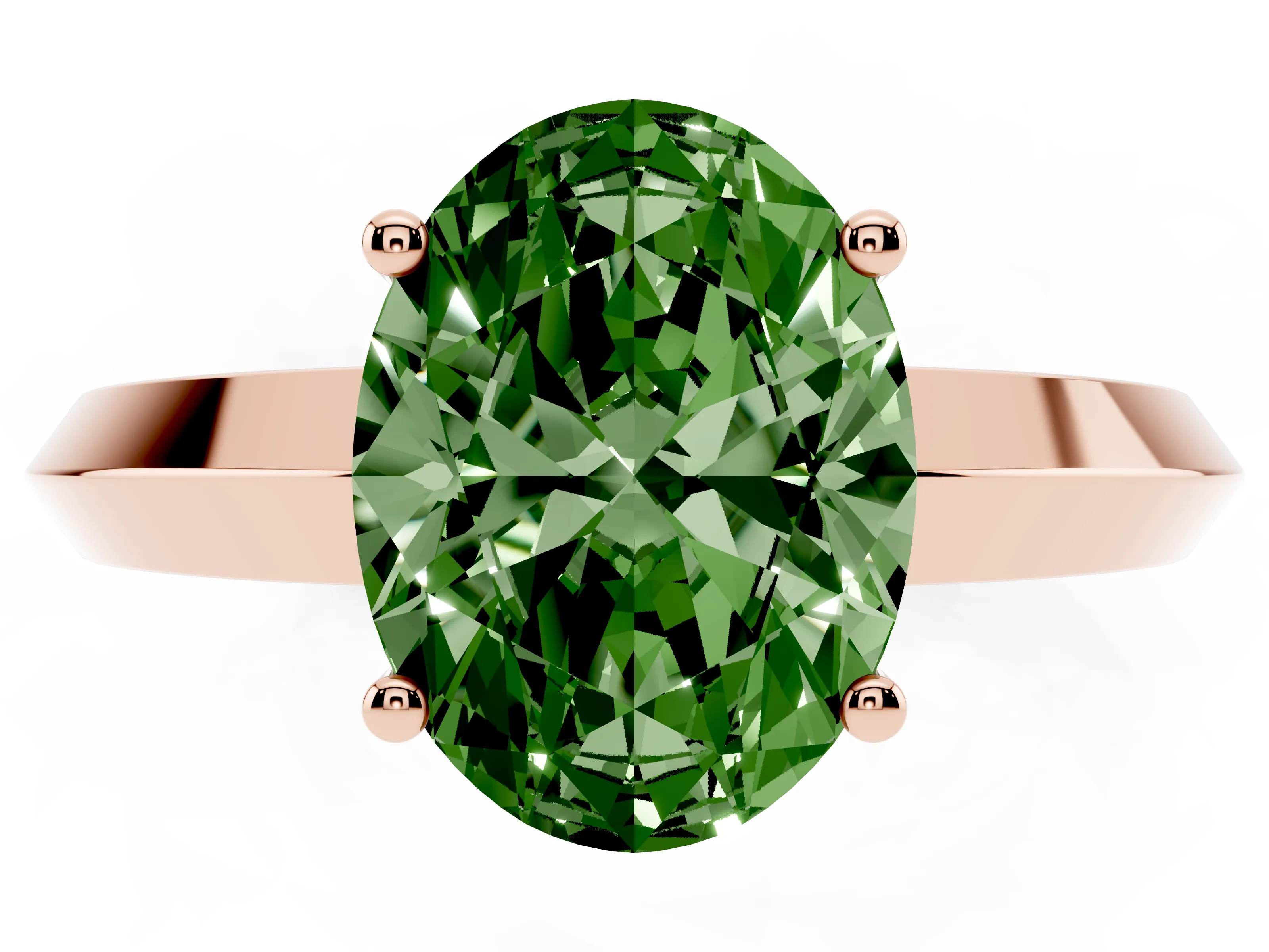 Fancy Green Oval Cut Diamond Solitaire Engagement Ring Set in Rose gold with Flat Band and Prong Setting