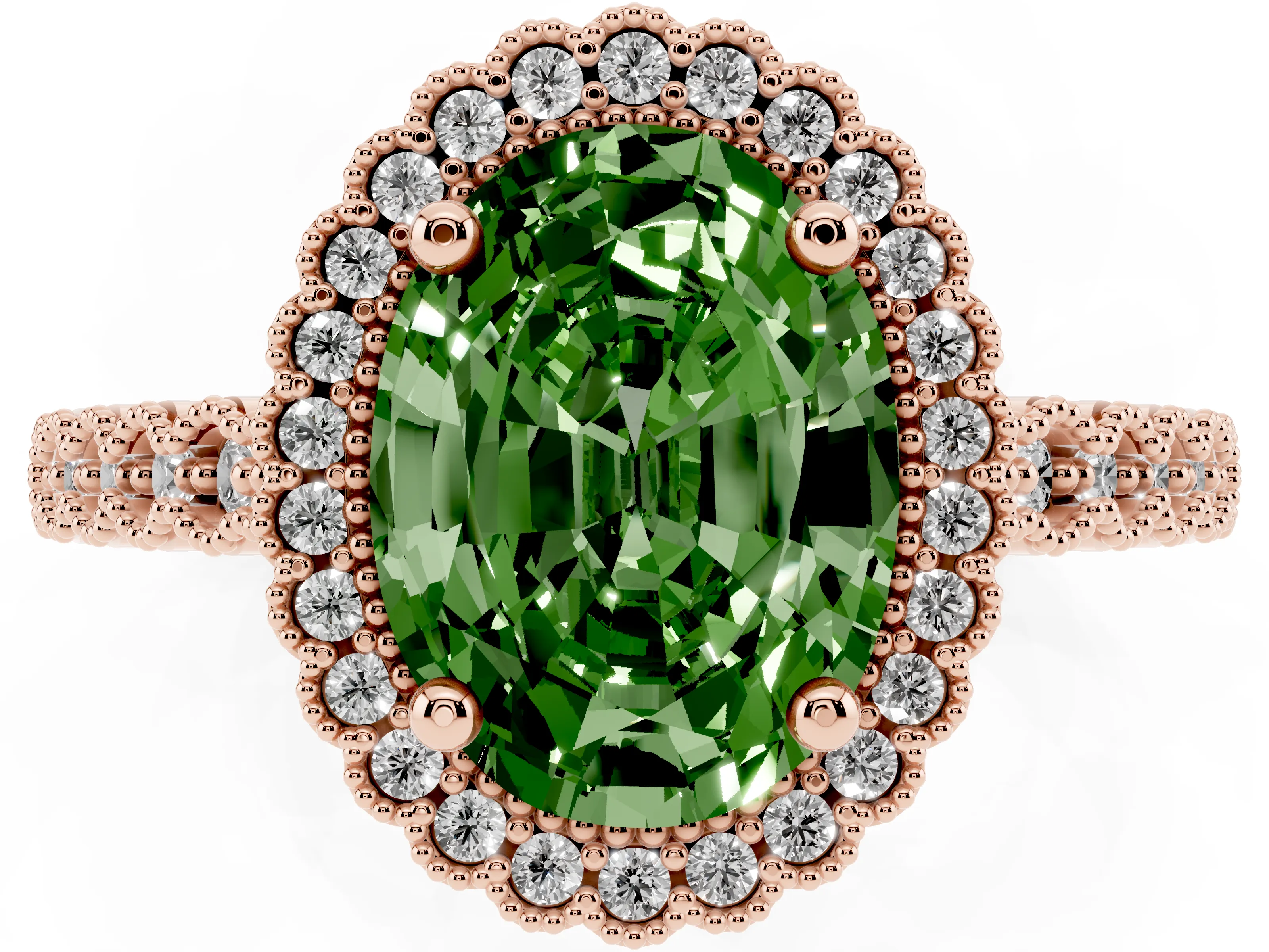Fancy Green Oval Cut Diamond Halo Ring Set in Rose gold with Pavé Milgrain Band