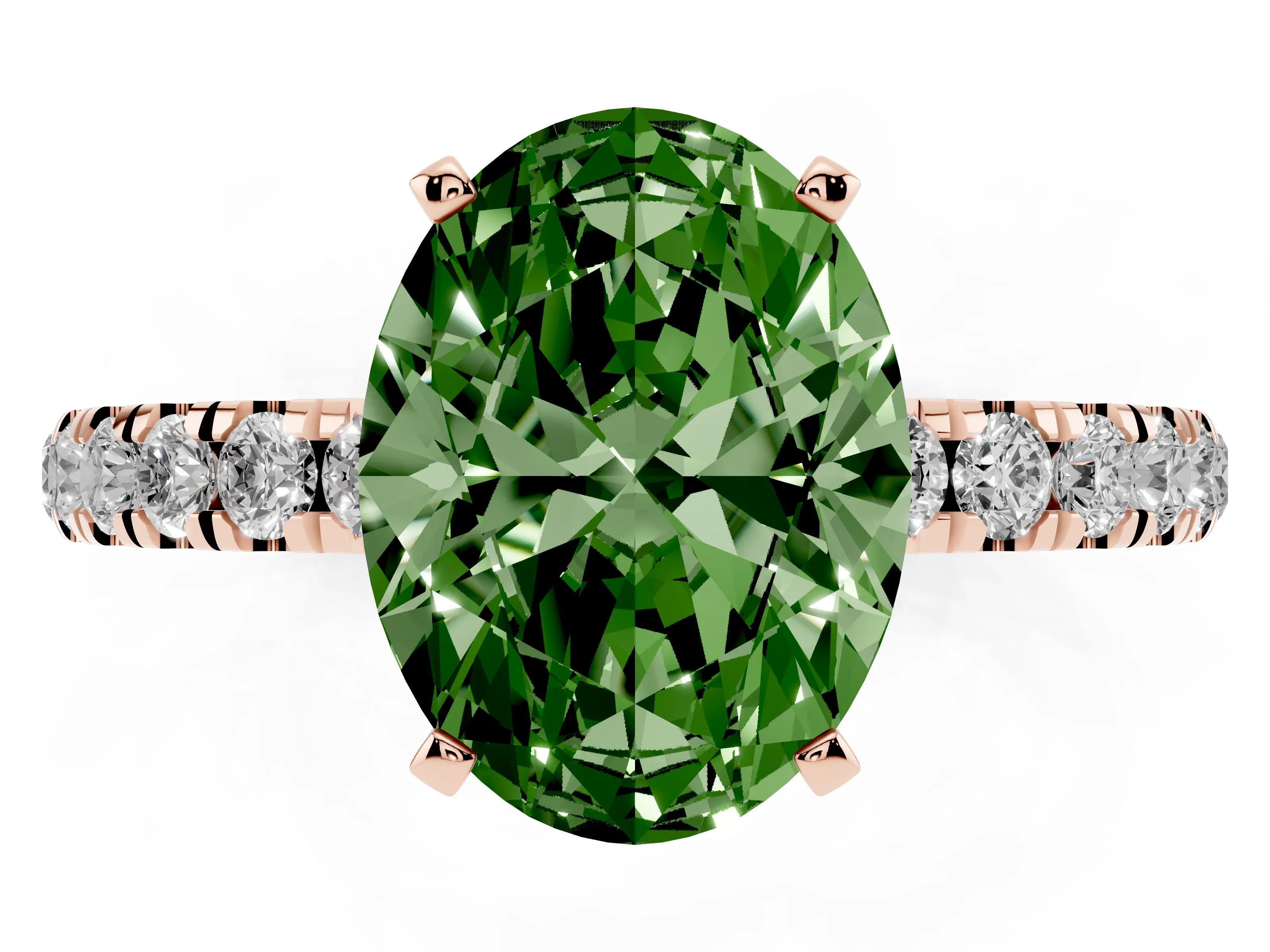 Fancy Green Oval Cut Diamond Solitaire Ring Set in Rose gold with Pavé Accents and Prong Setting