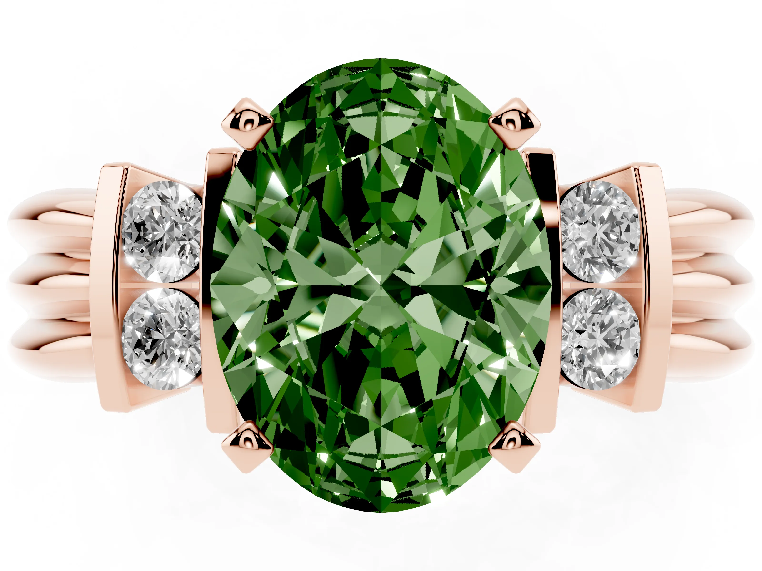 Fancy Green Three-Stone Oval Cut Diamond Channel Set Ring Set in Rose gold with Bar Prongs