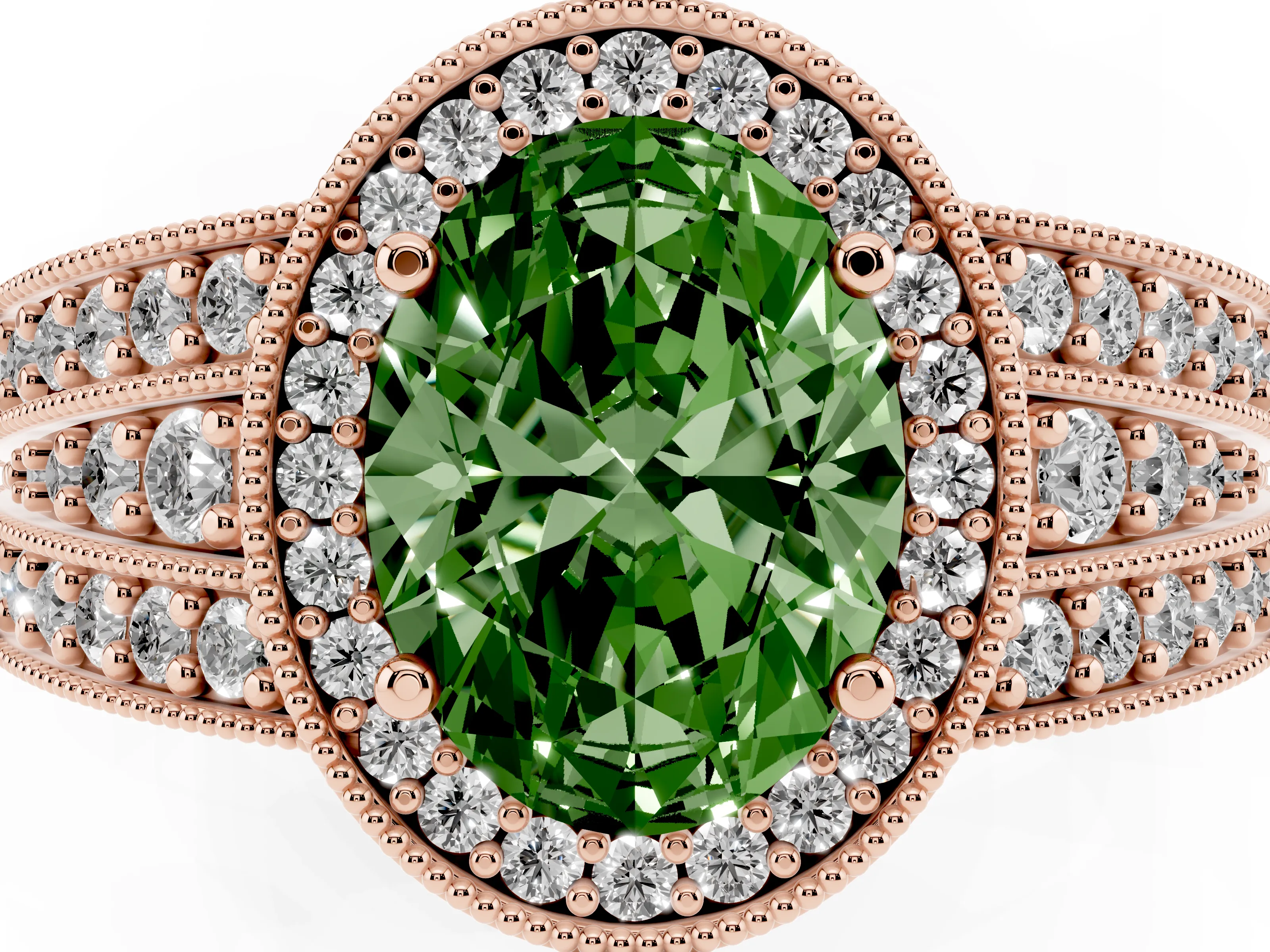 Fancy Green Oval Cut Diamond Halo Ring Set in Rose gold with Accent Split Shank and Prong Setting