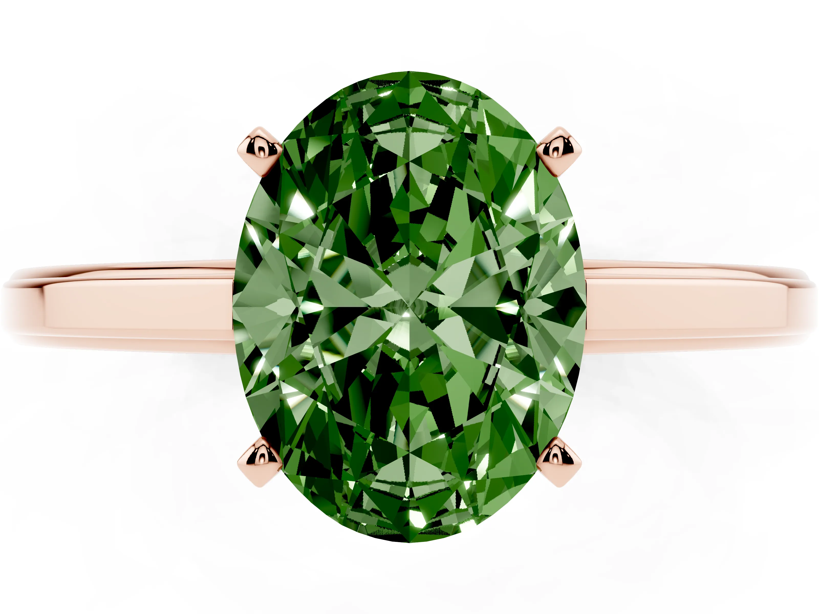 Fancy Green Oval Cut Diamond Solitaire Ring Set in Rose gold with Prong Setting and Classic Band