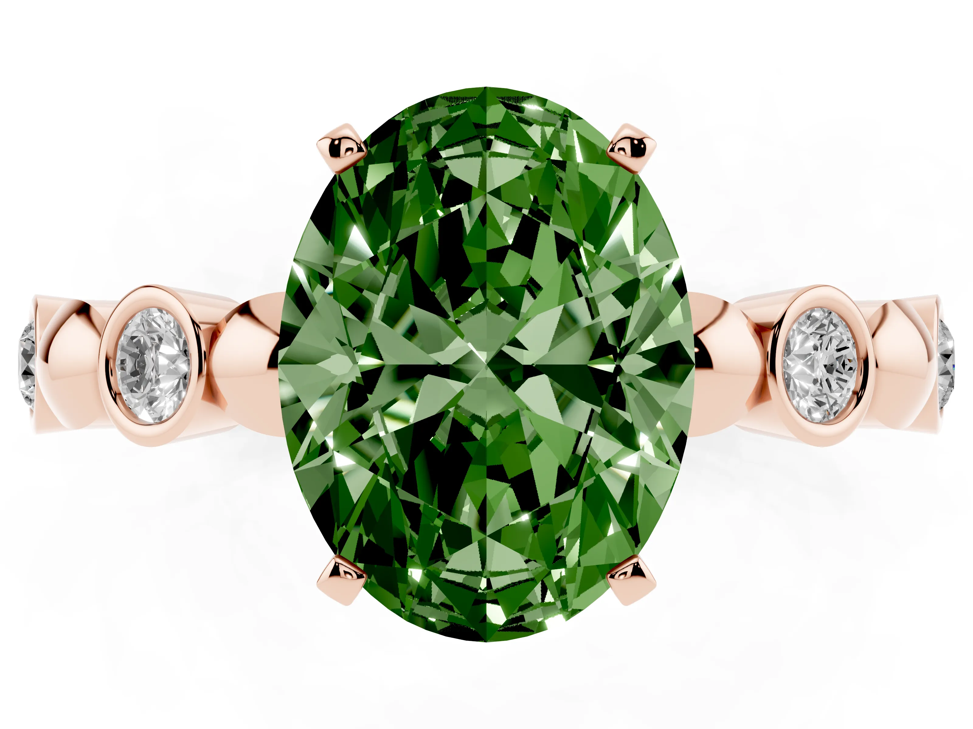 Fancy Green Oval Cut Diamond Solitaire Ring Set in Rose gold with Bezel-Set Accents on Beaded Band and Prong Setting