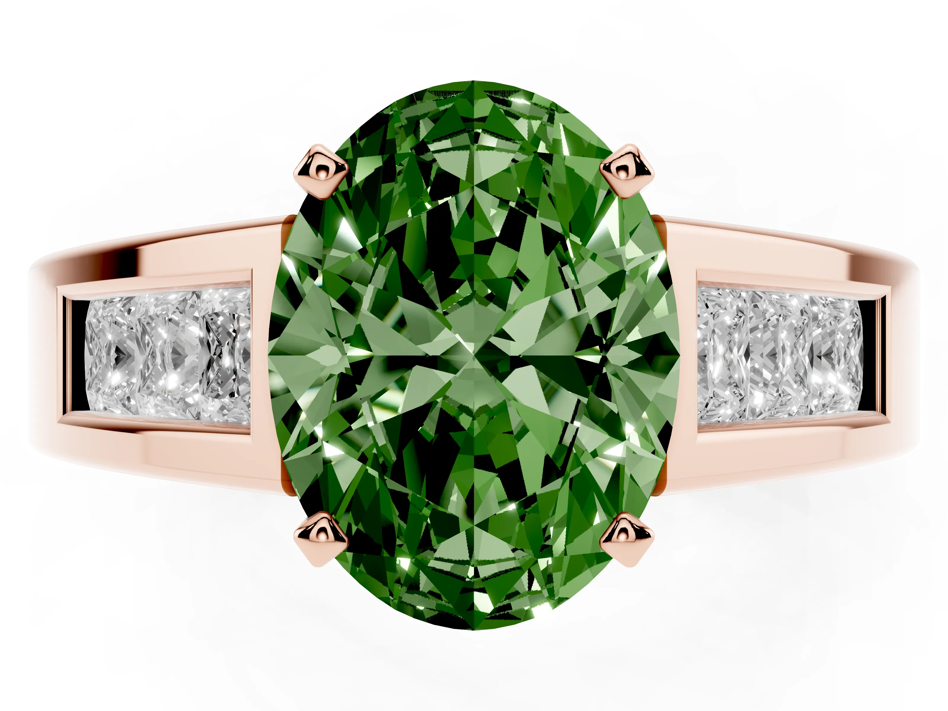 Fancy Green Oval Cut Diamond Solitaire Ring Set in Rose gold with Channel-Set Accent Stones and Prong Setting