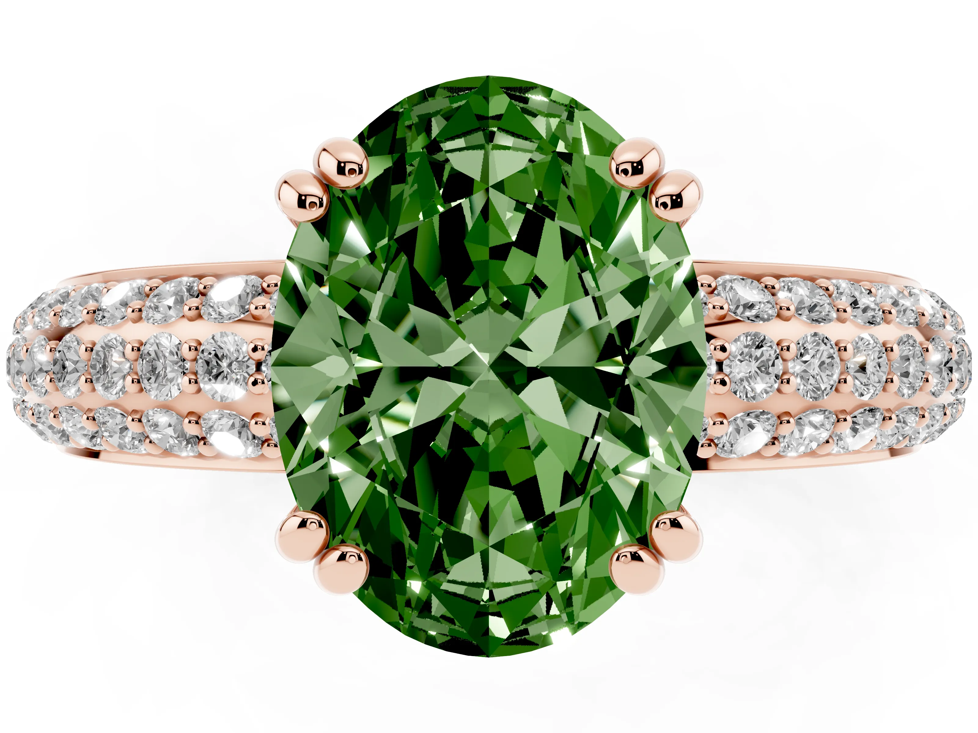 Fancy Green Oval Cut Diamond Solitaire Ring Set in Rose gold with Multi-Row Round Pavé Band and Prong Setting