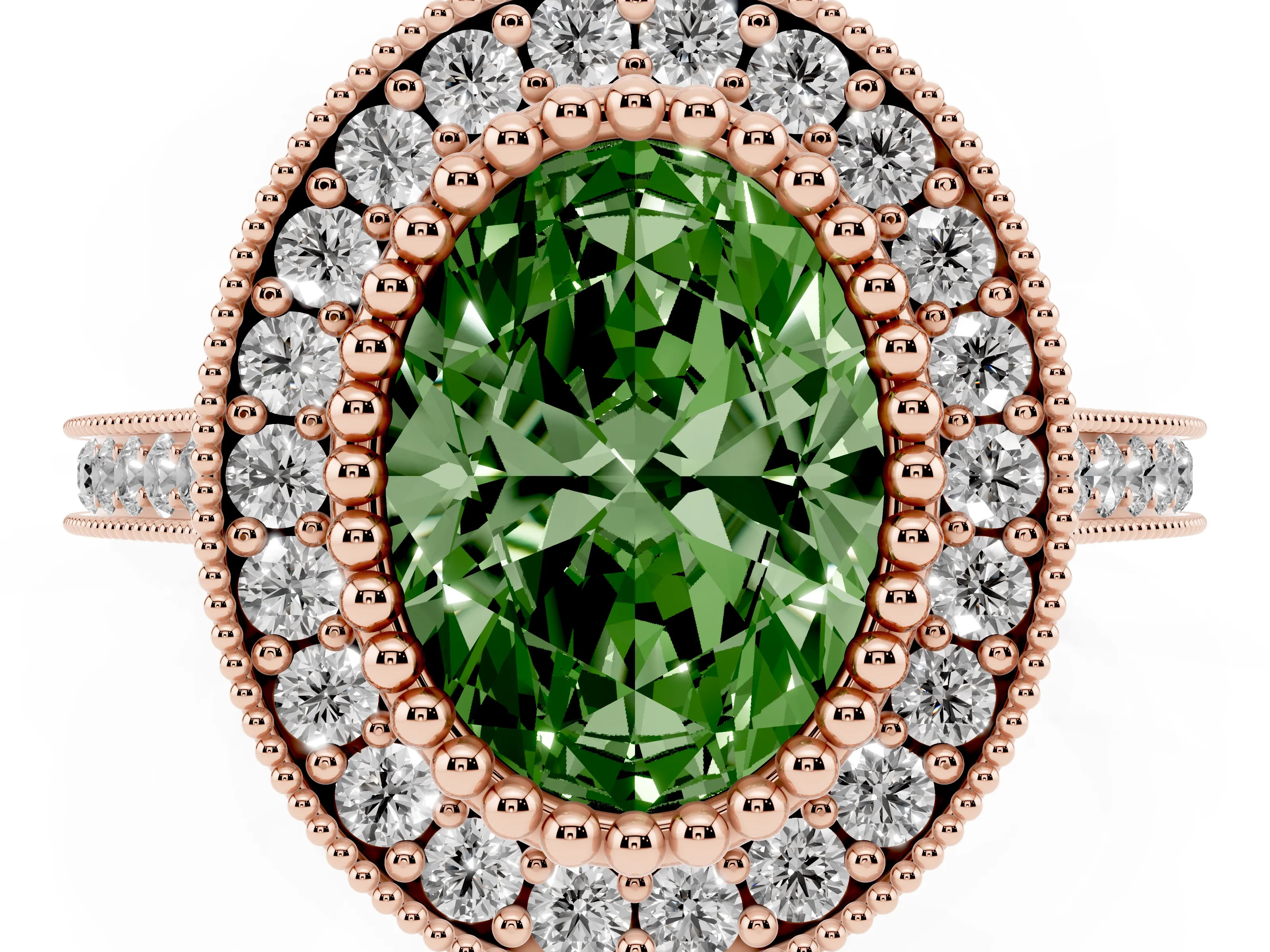 Fancy Green Oval Cut Diamond Halo Ring Set in Rose gold with Milgrain Frame and Pavé Band
