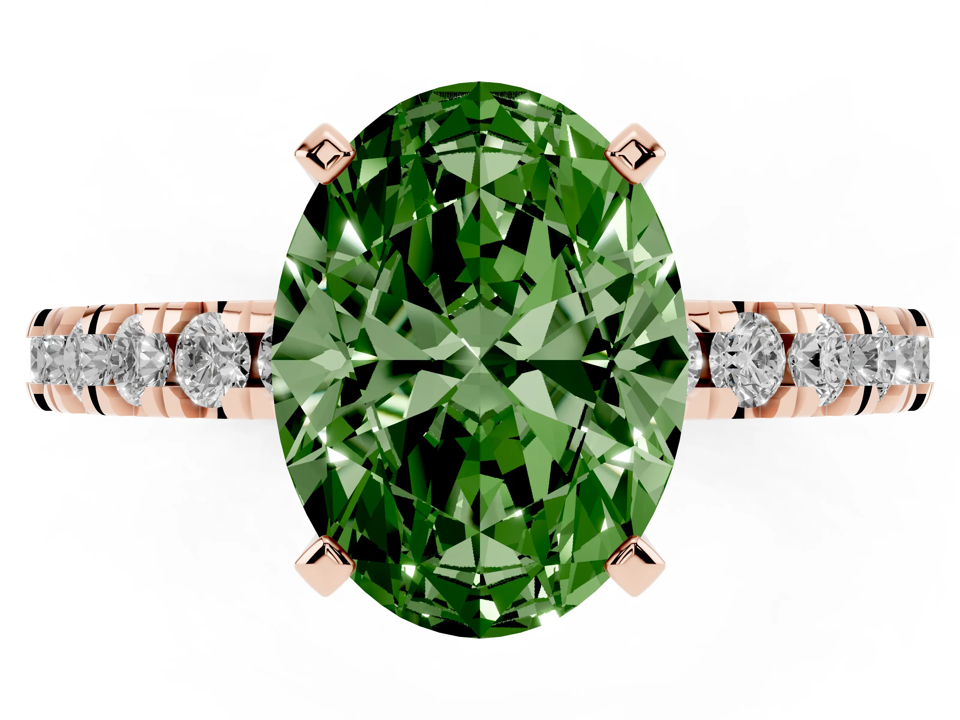 Fancy Green Oval Cut Diamond Pavé Band Solitaire Set in Rose gold with Prong Setting