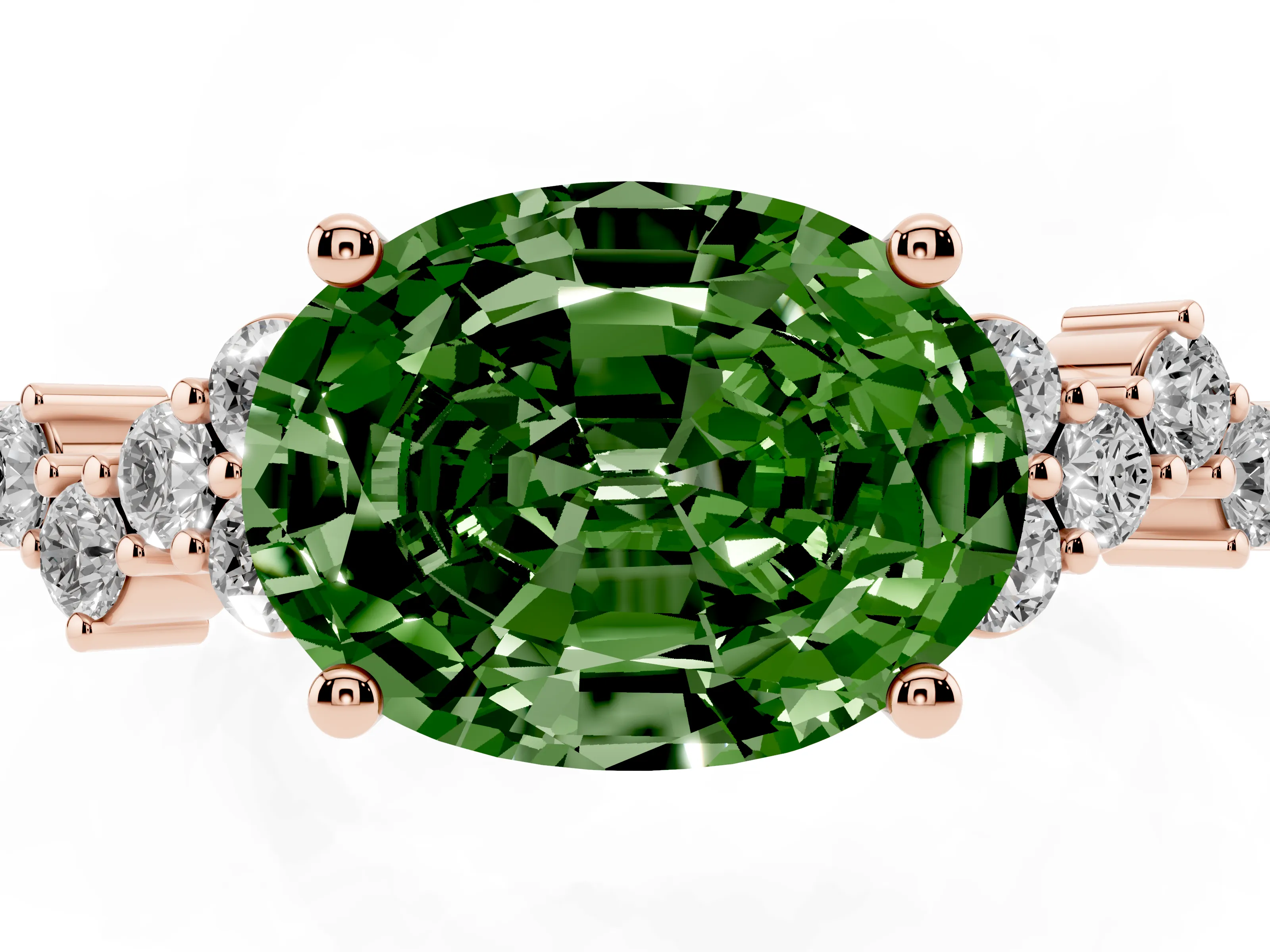 Fancy Green Oval Cut Diamond Ring Set in Rose gold with Scattered Round Accents