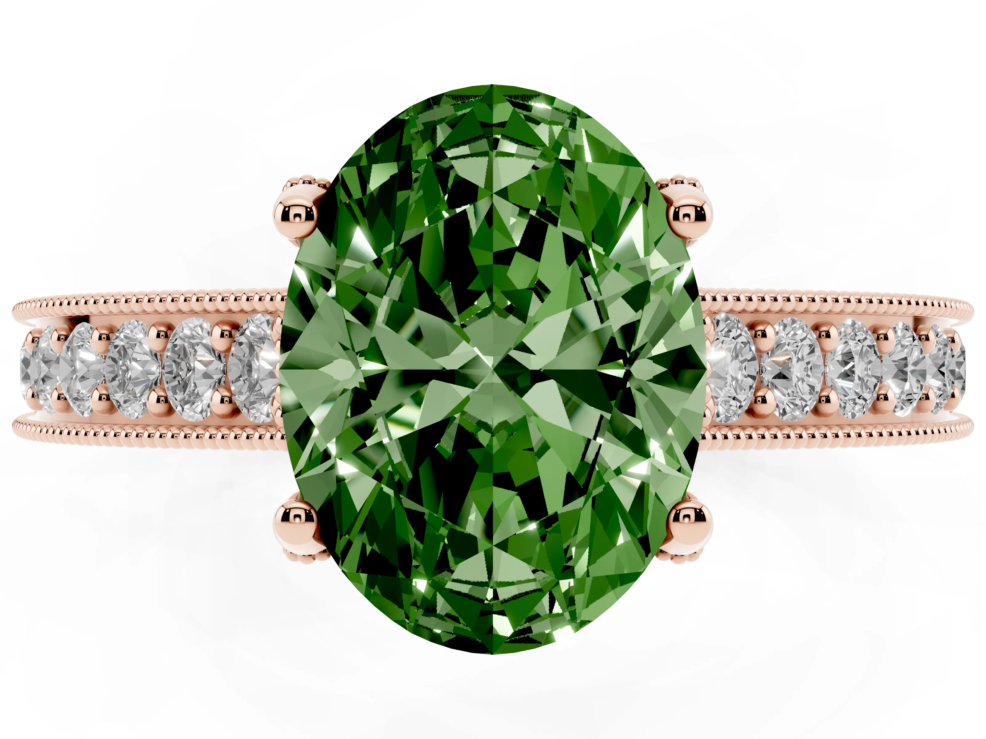 Fancy Green Oval Cut Diamond Solitaire Ring Set in Rose gold with Milgrain-Edged Pavé Band and Prong Setting