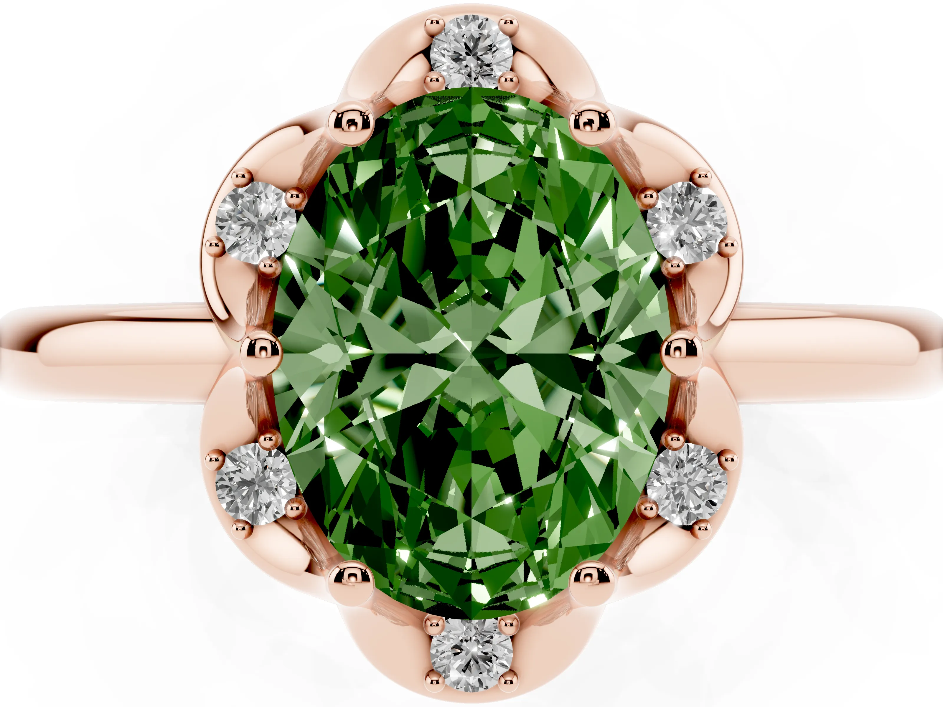 Fancy Green Oval Cut Diamond Round Cluster Halo Ring Set in Rose gold with Solitaire Band and Prong Setting