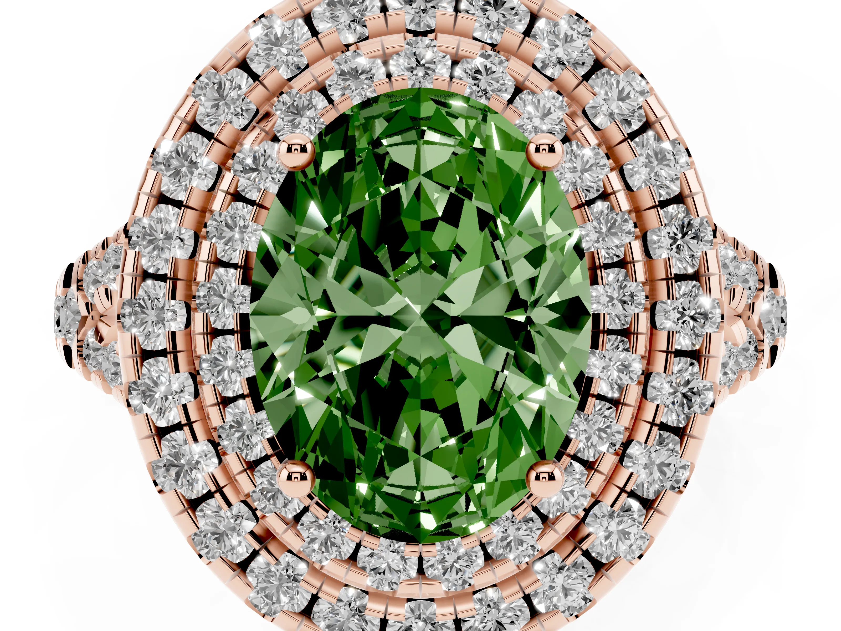 Fancy Green Oval Cut Diamond Double Halo Ring Set in Rose gold with Pavé Split Shank and Prong Setting