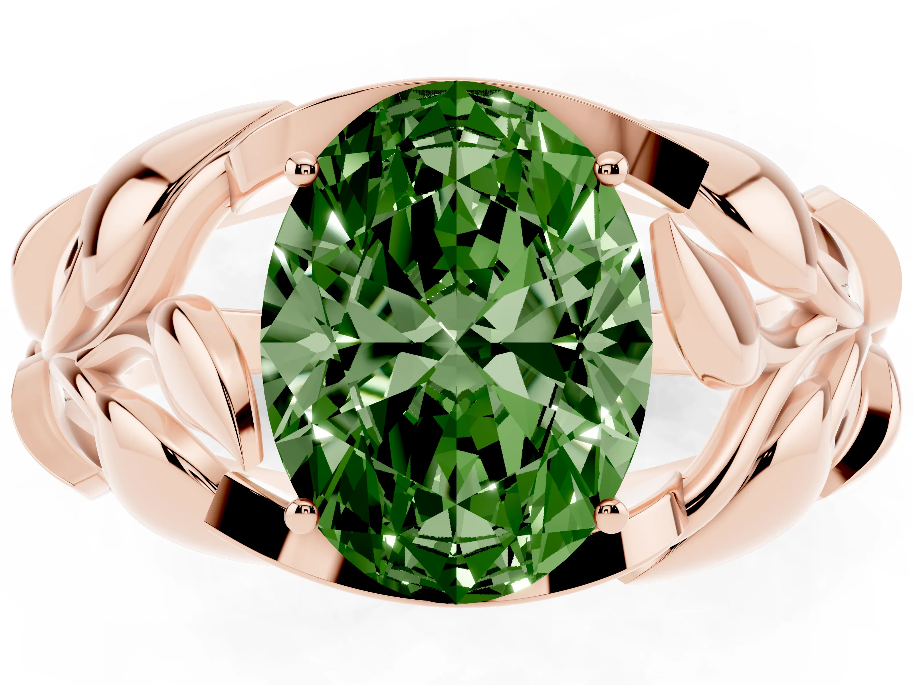 Fancy Green Oval Cut Diamond Leaf-Inspired Engagement Ring Set in Rose gold with Round Accents