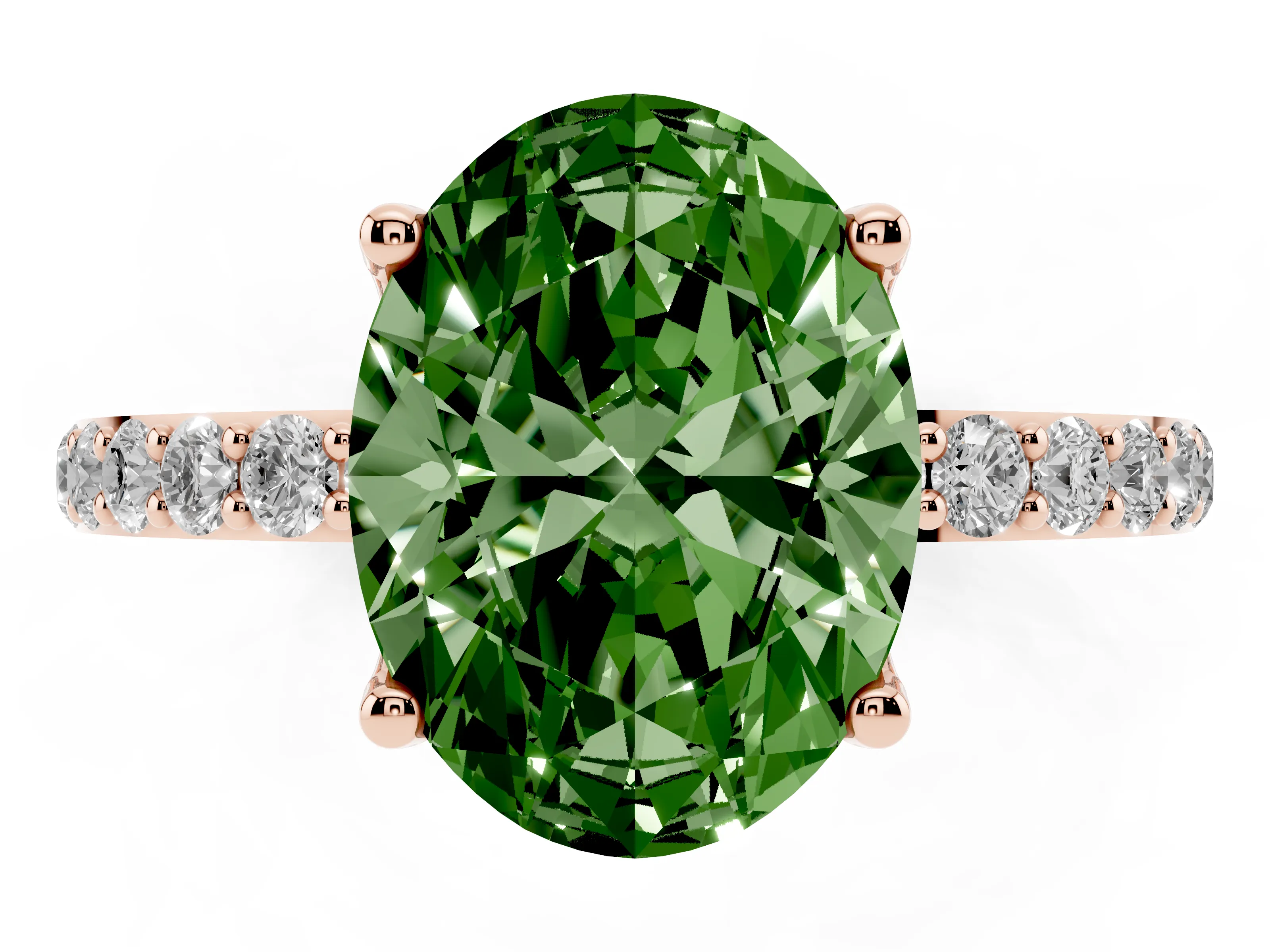 Fancy Green Oval Cut Diamond Solitaire Engagement Ring Set in Rose gold with Round Pavé Band and Prong Setting
