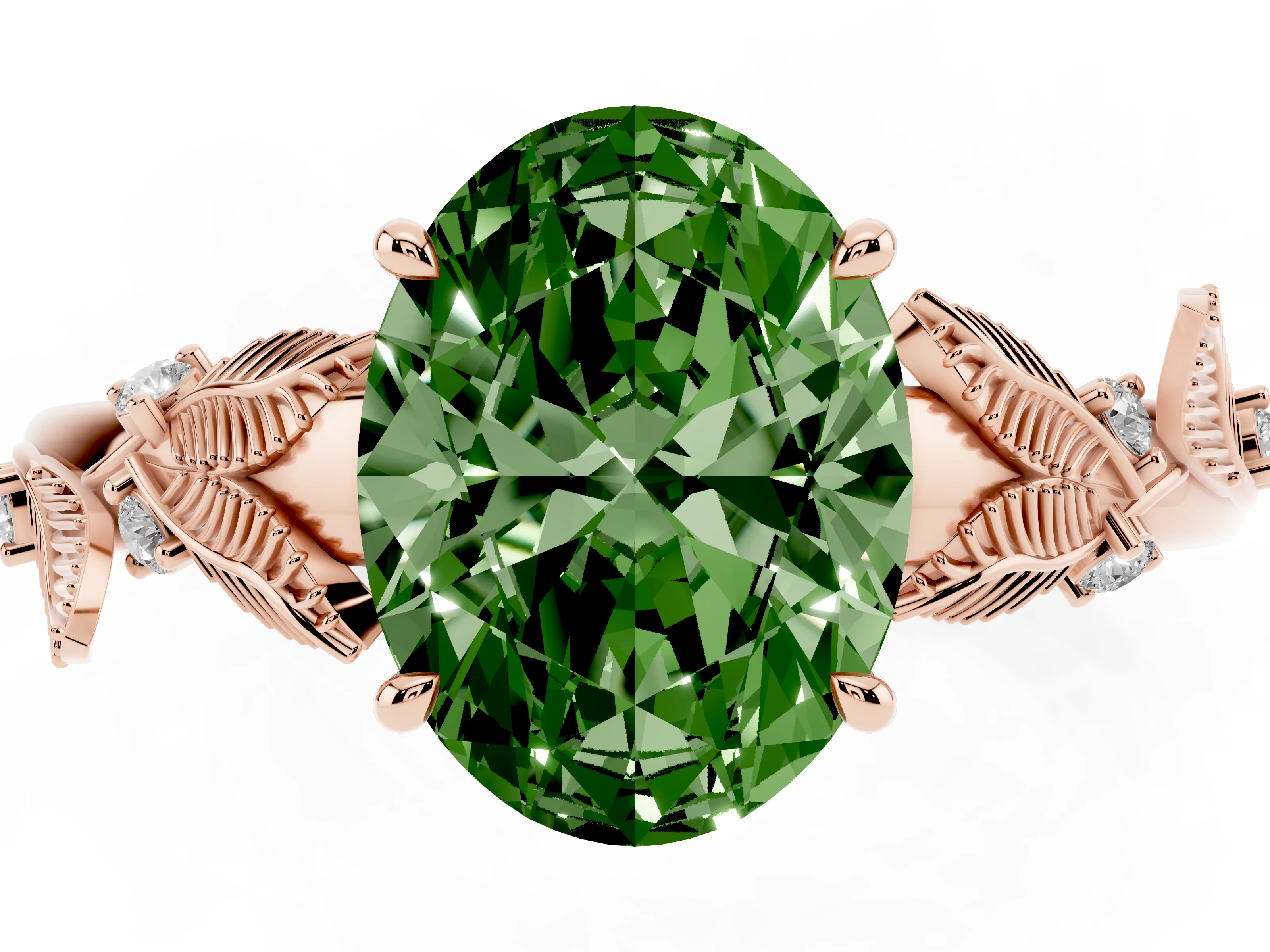 Fancy Green Oval Cut Diamond Solitaire Ring Set in Rose gold with Leaf Motif Band