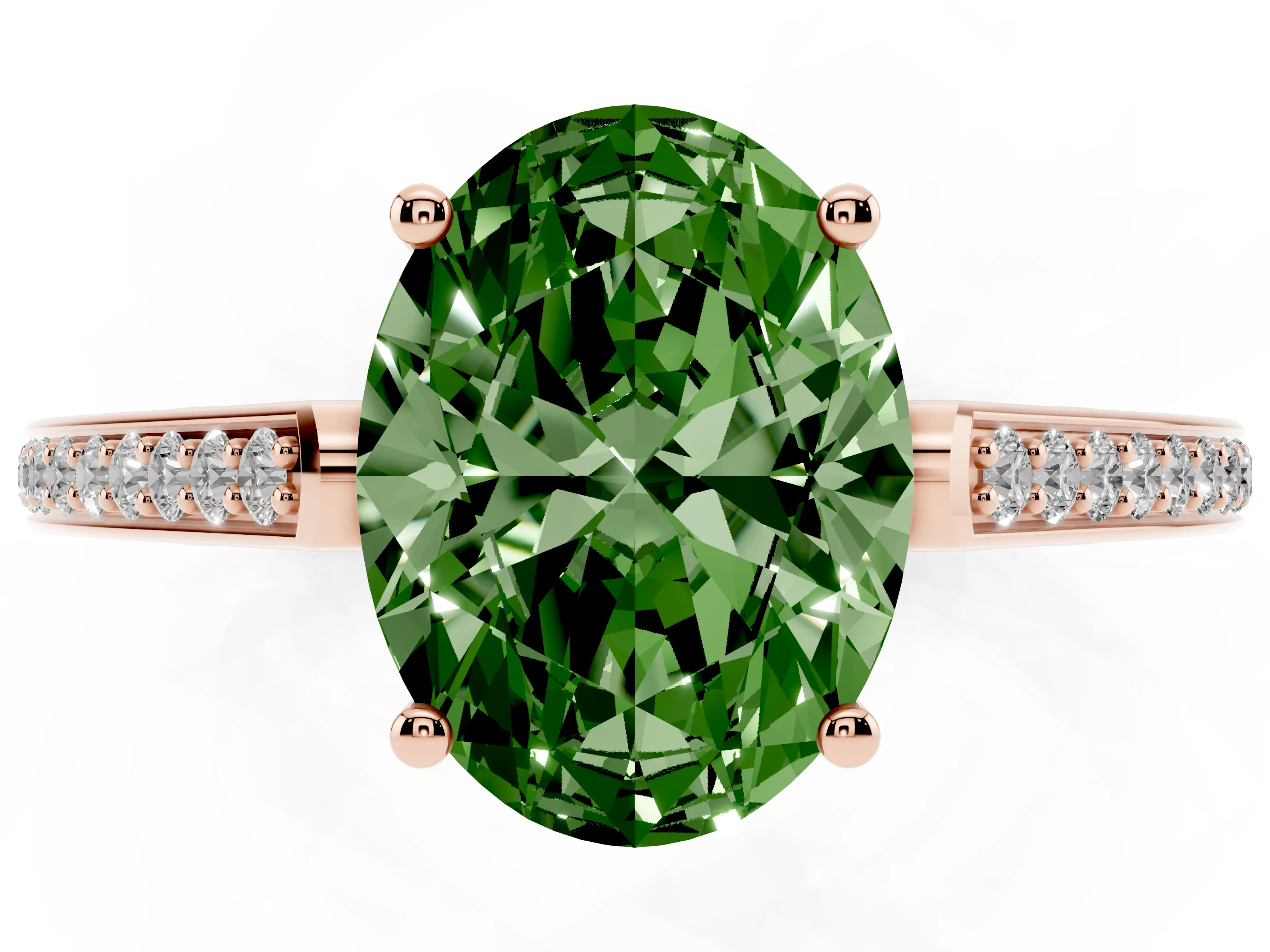 Fancy Green Oval Cut Diamond Cathedral Pavé Engagement Ring Set in Rose gold with Prong Setting
