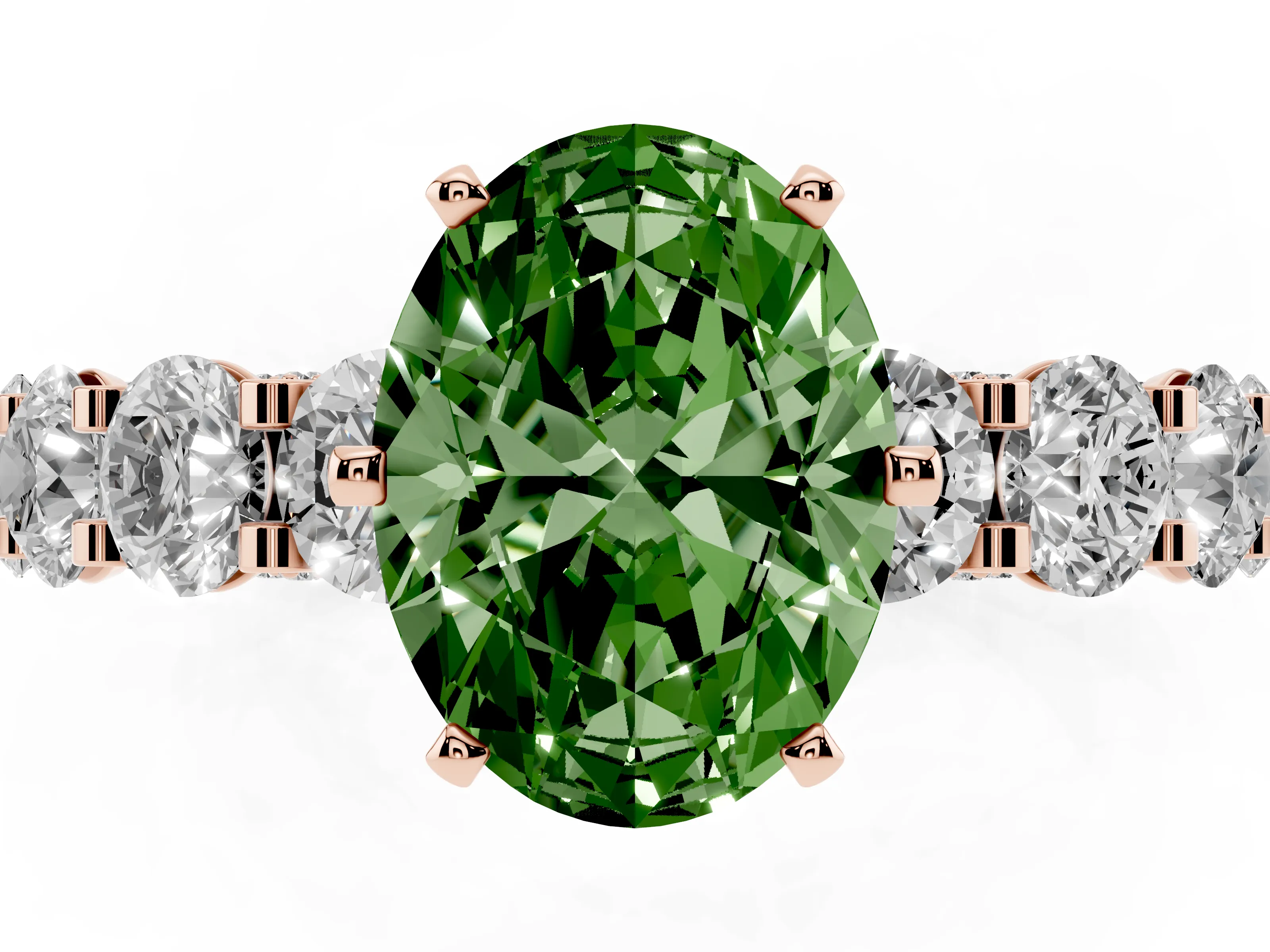 Fancy Green Oval Cut Diamond Side Stone Ring Set in Rose gold with Alternating Round and Oval Side Stones