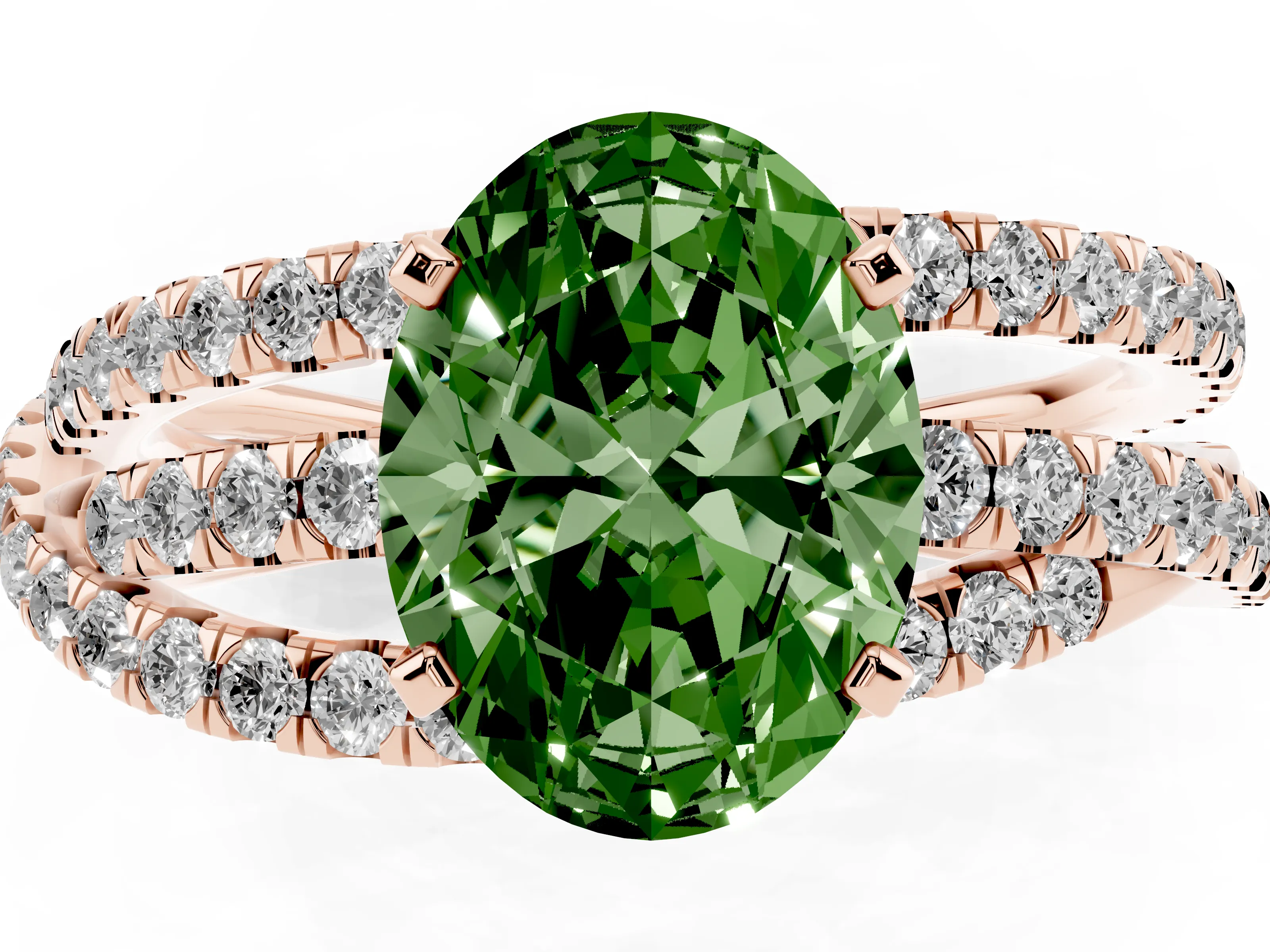 Fancy Green Oval Cut Diamond Solitaire Twist Band Ring Set in Rose gold with Pavé Setting and Prong Head