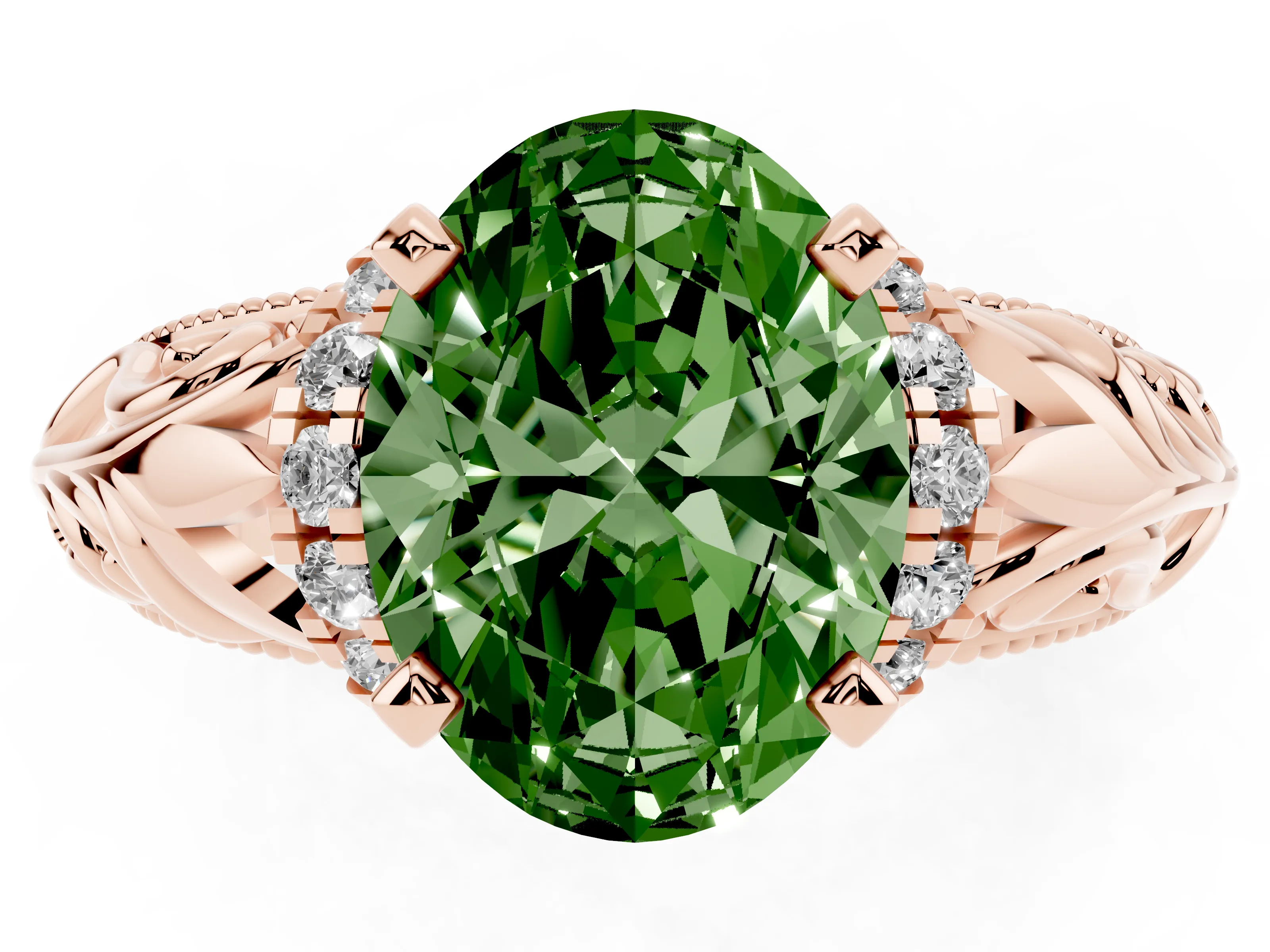 Fancy Green Oval Cut Diamond Filigree Halo Engagement Ring Set in Rose gold with Prong Setting