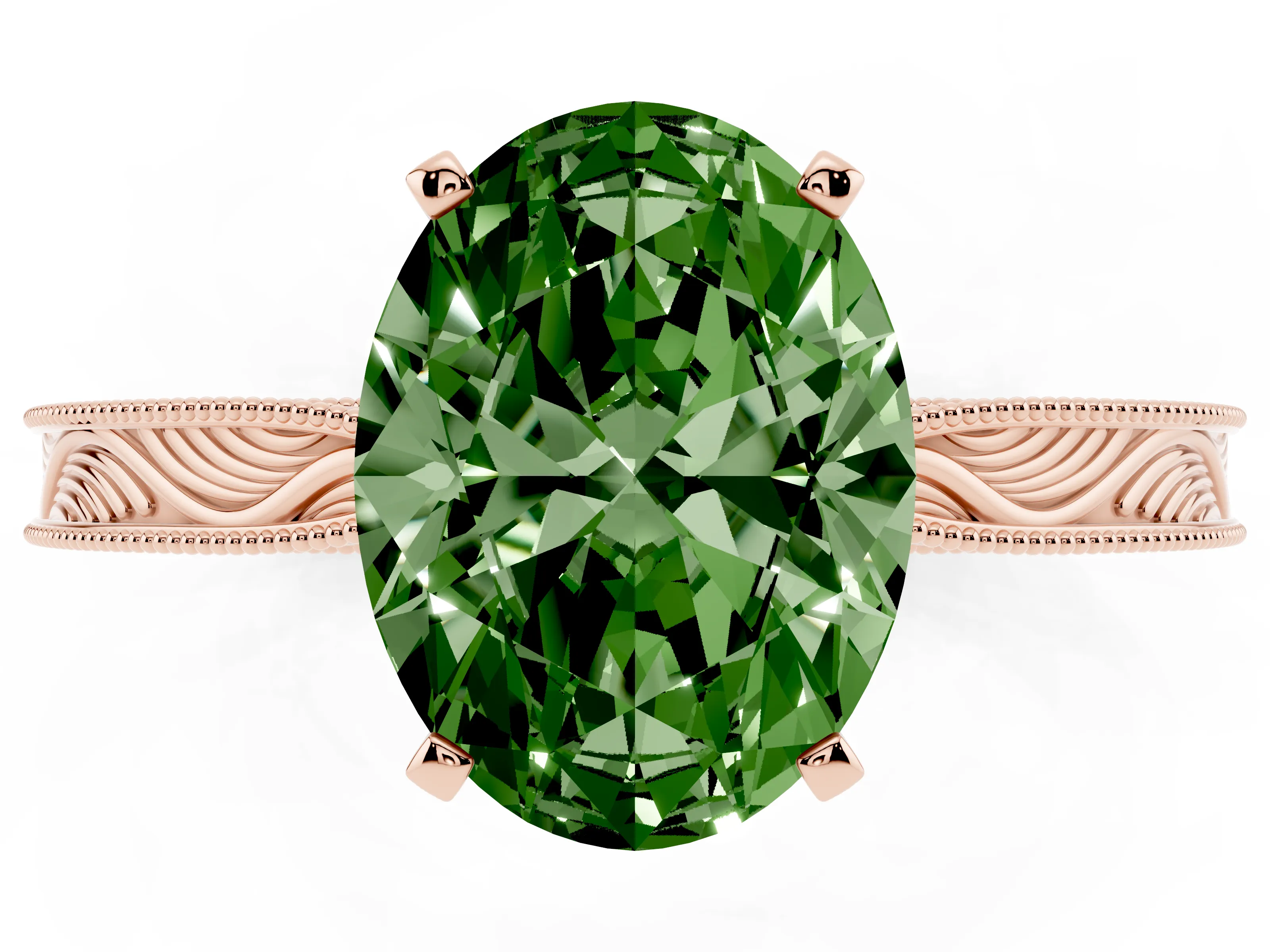 Fancy Green Oval Cut Diamond Solitaire Milgrain Engraved Band Set in Rose gold with Prong Setting