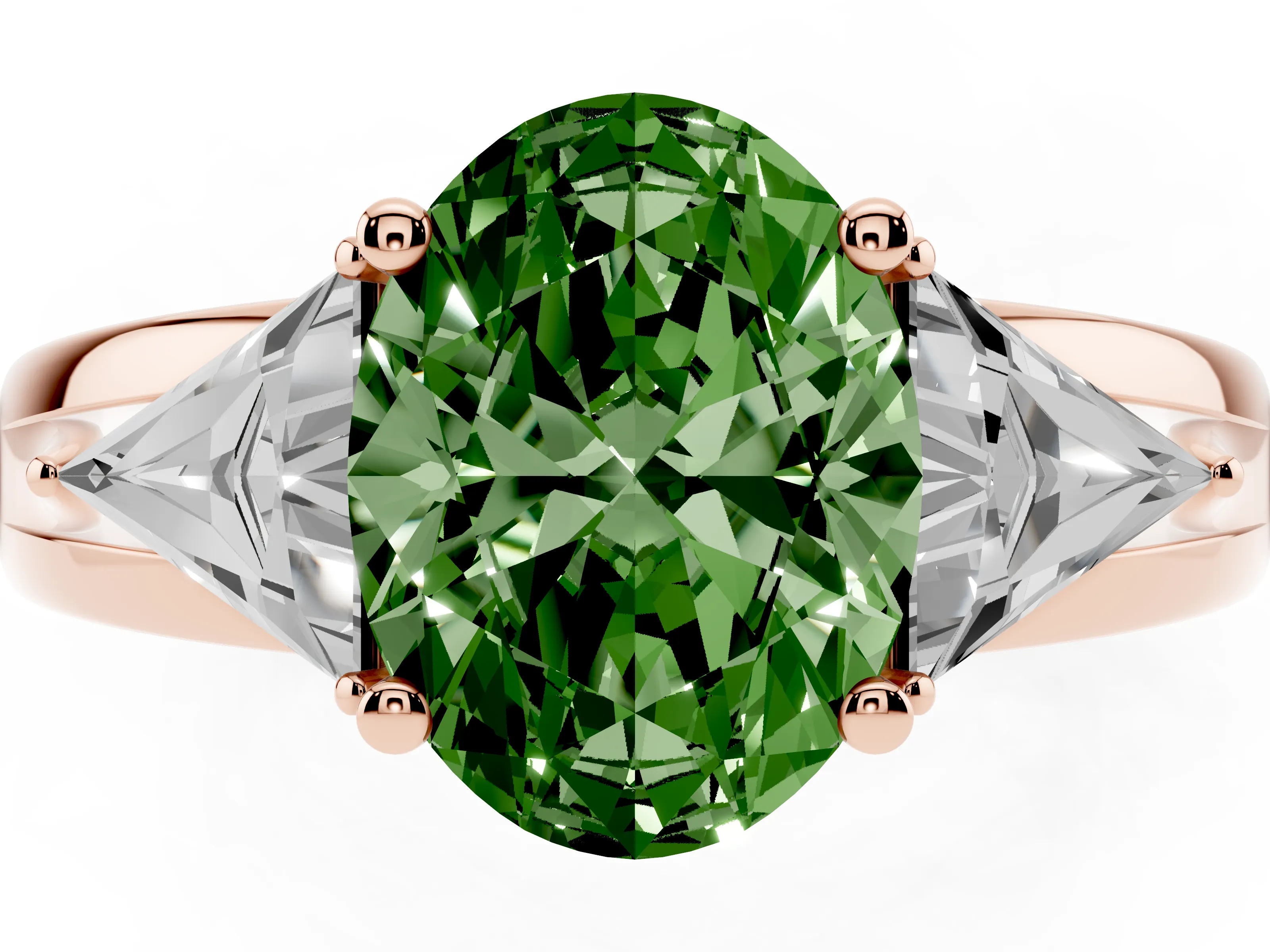Fancy Green Oval Cut Diamond Three-Stone Ring Set in Rose gold with Trillion Side Stones and Split Shank