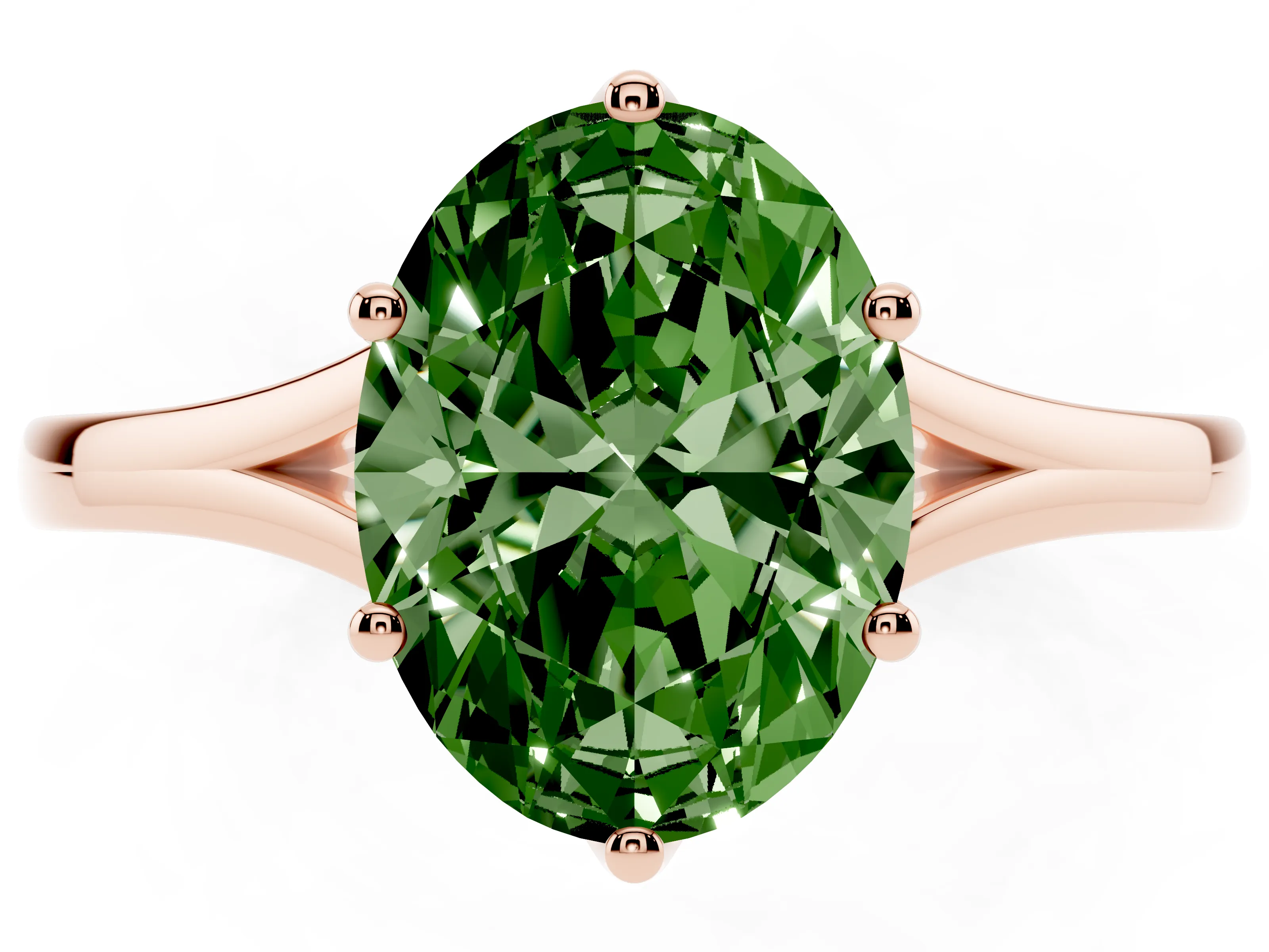 Fancy Green Oval Cut Diamond Solitaire Ring Set in Rose gold with Polished Tapered Band and Prong Setting