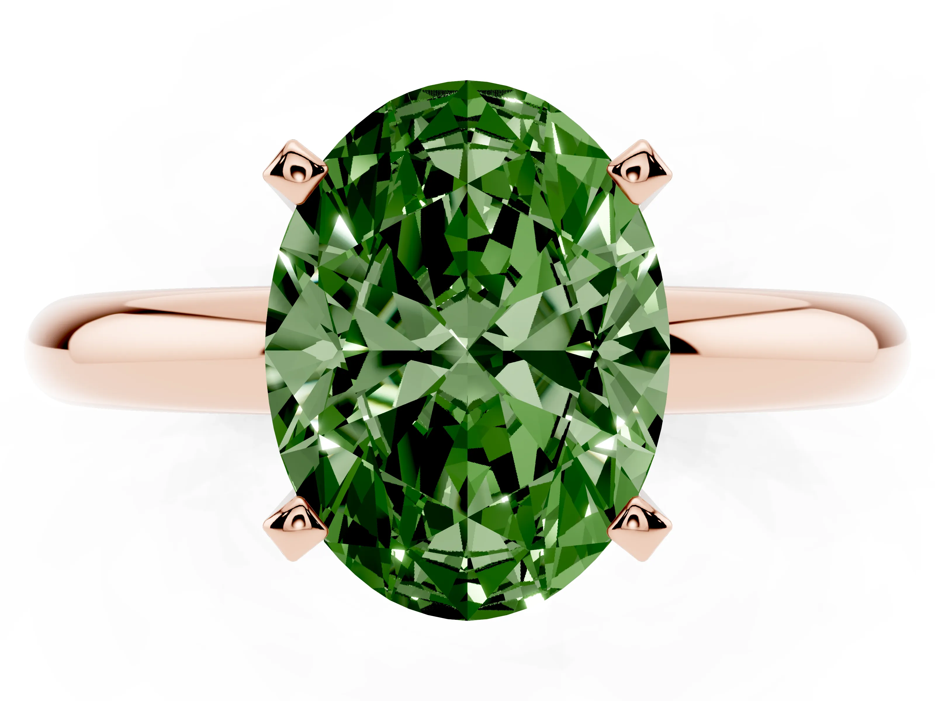 Fancy Green Oval Cut Diamond Solitaire Engagement Ring Set in Rose gold with Round Band and Prong Setting