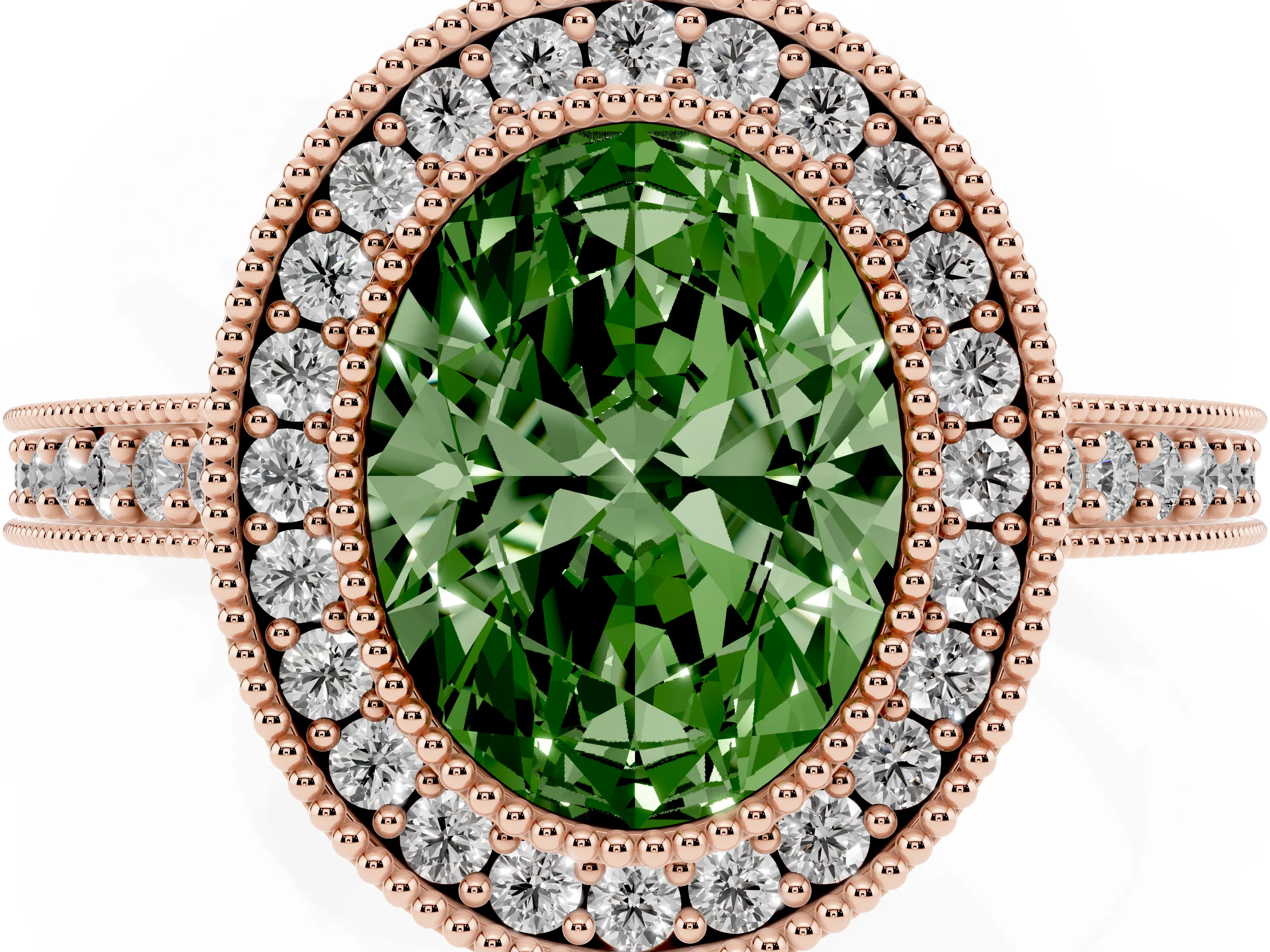 Fancy Green Oval Cut Diamond Halo Engagement Ring Set in Rose gold with Pavé Band and Round Halo Stones